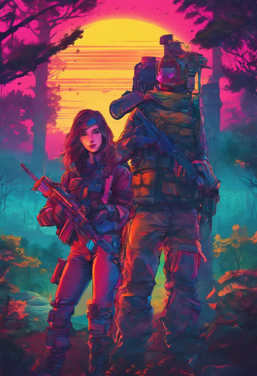 handsome, white male, fully equipped black soldier's suit, detailed rifle, black evening forest background, 2 girls, beautiful detailed eyes, beautiful detailed lips, extremely detailed eyes and face, long eyelashes, military-style boots, tactical accessories, bulletproof vest, camouflage pattern, strong and confident posture, intense focus, moonlight filtering through the trees, dramatic and mysterious atmosphere, high-resolution image, vivid colors, professional lighting