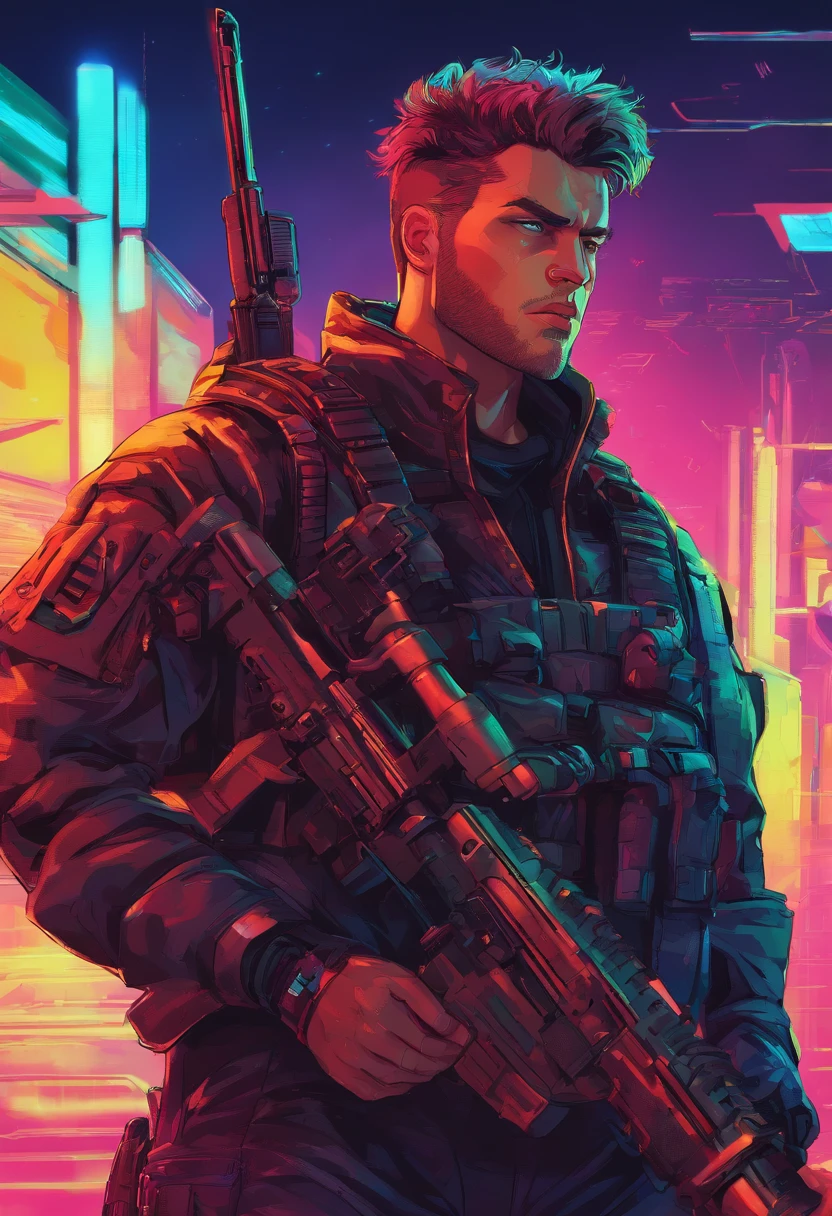 handsome, white male, fully equipped black soldier's suit, detailed rifle, black evening forest background, 2 girls, beautiful detailed eyes, beautiful detailed lips, extremely detailed eyes and face, long eyelashes, military-style boots, tactical accessories, bulletproof vest, camouflage pattern, strong and confident posture, intense focus, moonlight filtering through the trees, dramatic and mysterious atmosphere, high-resolution image, vivid colors, professional lighting