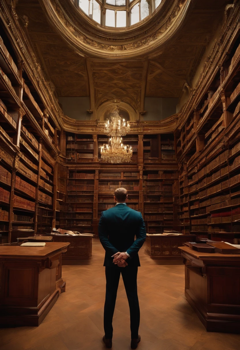charismatic host, standing in front of a massive library, hinting at the wealth of knowledge to be uncovered.