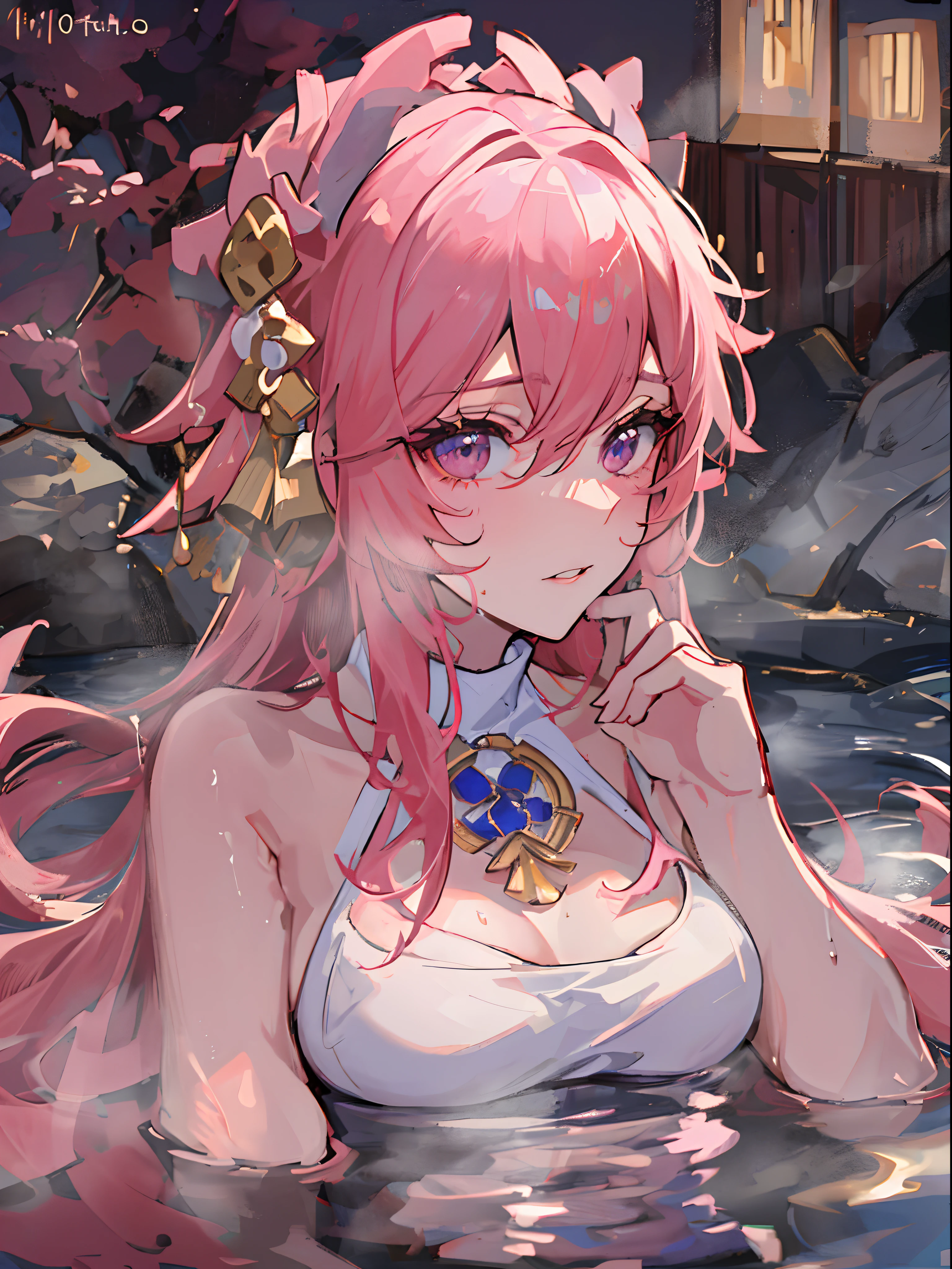 ((beautiful lighting, Best quality, 8K, Masterpiece: 1.3)), 1girl, Perfect body beauty: 1.4, Sweaty + wet skin,((pink hair)), (White+ ping dress: 1.4), (onsen , night: 1.1), (Hot water bath), Super Fine Face