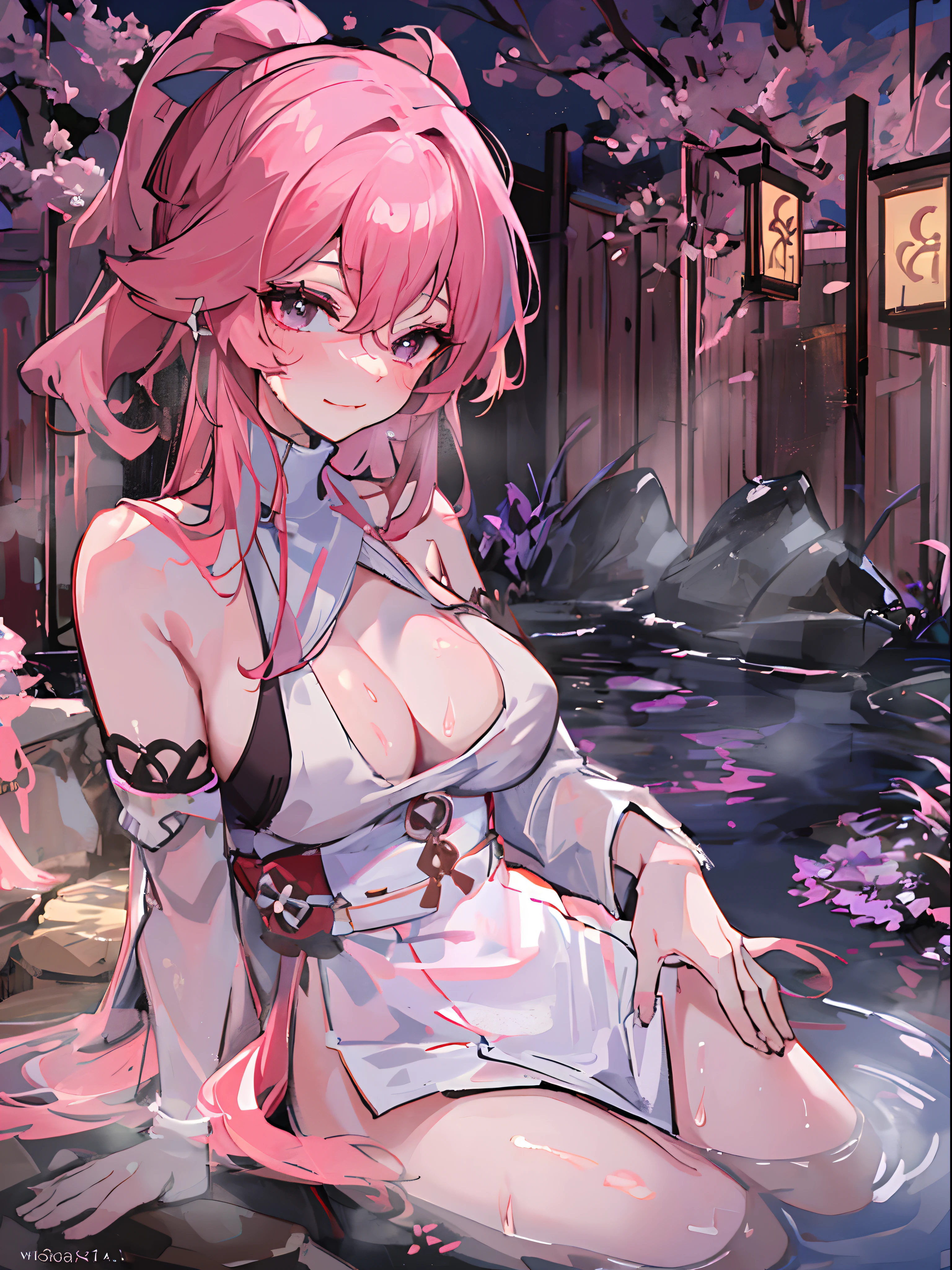 ((beautiful lighting, Best quality, 8K, Masterpiece: 1.3)), 1girl, Perfect body beauty: 1.4, Sweaty + wet skin,((pink hair)), (White+ ping dress: 1.4), (onsen , night: 1.1), (Hot water bath), Super Fine Face