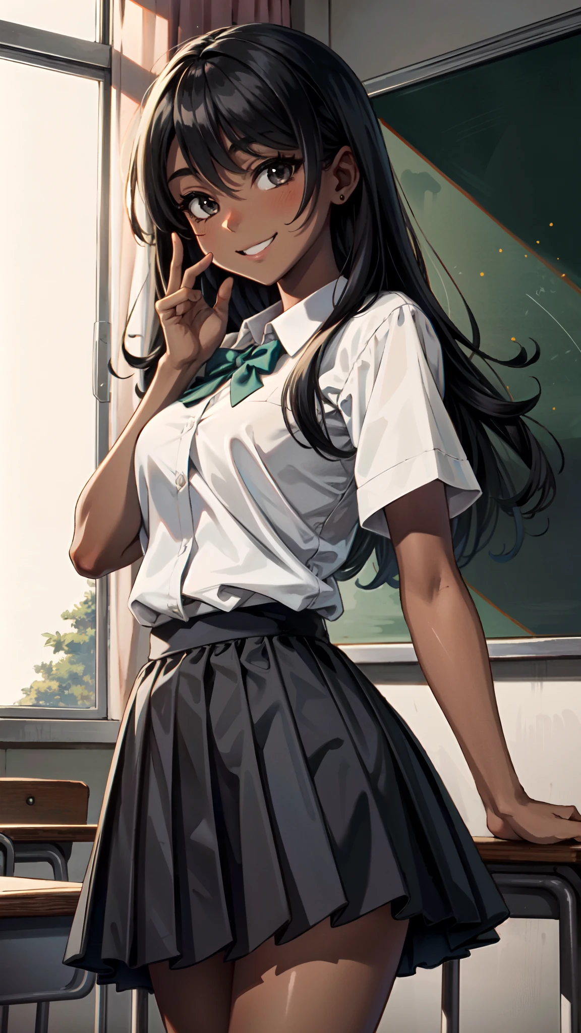 Masterpiece, best quality, high-res, extremely detailed, 1 girl, (dark skin), black eyes, smiling, petite, School girl, classroom background