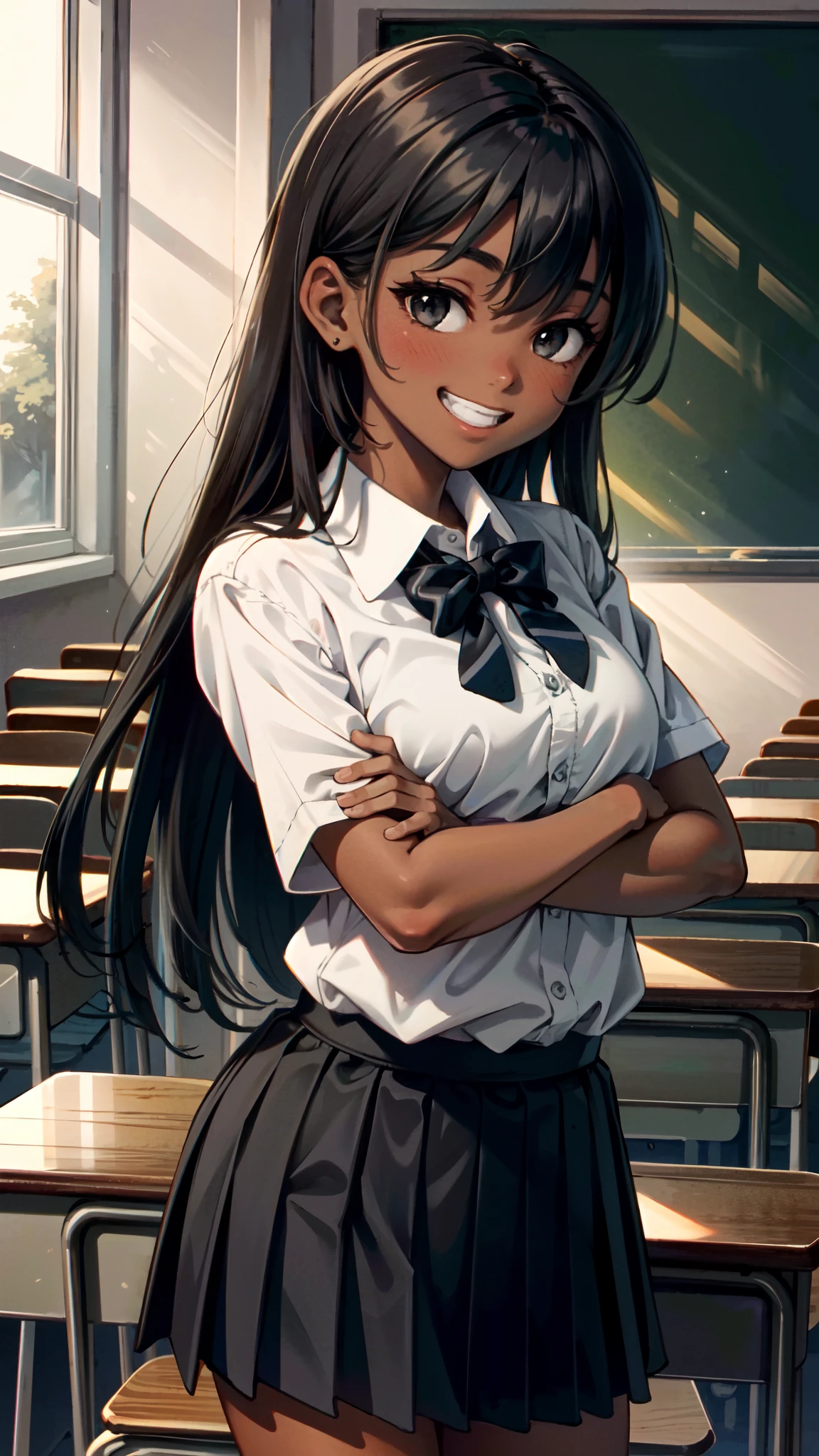 Masterpiece, best quality, high-res, extremely detailed, 1 girl, (dark skin), black eyes, smiling, petite, School girl, classroom background