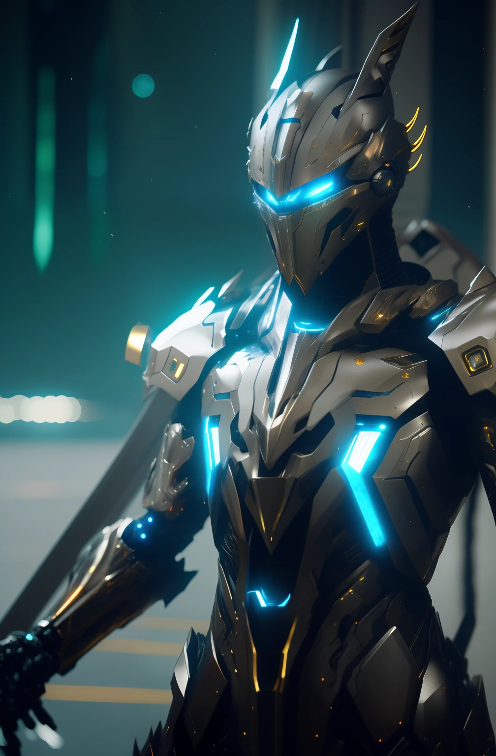 Close-up of a robot with glowing eyes and a sword, intricate glowing mecha armor, glowing lights in armor, movie still of a cool cyborg, cyber suit, HQ 4K wallpaper, movie still of a villain cyborg, covered in full silver armor, high detail 4k render, Mecha suit, light coming off of the armor, cyber fight armor，male people，No hair，gold，optimization，No horns