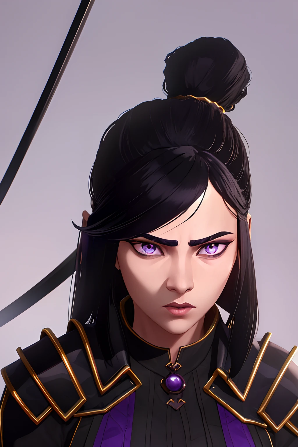 arcane style, 1girl, black hair, black clothing, shadow powers, naginata, detailed eyes, good quality image, detailed face, good anatomy, 14 year old, young, purple eyes, black hair, stoic expression, shadows, fighting stance, eastern japanese armor