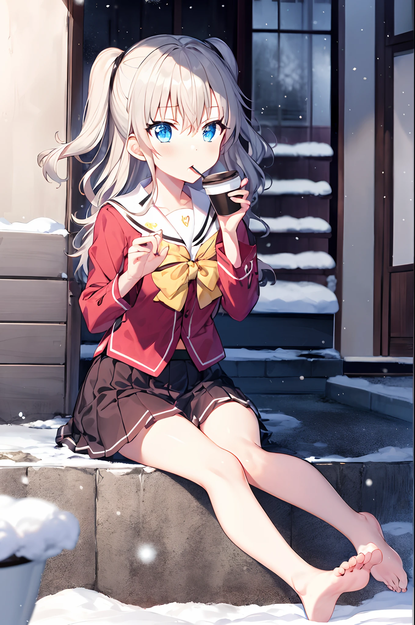 1girl, Tomori, wariza,Stand up,(Heart hand:1.2), blue skirts, white shirt, serafuku, with her mouth open, (Speaking heart:1.4),Background in snow,Barefoot,sat on the ground,Drink coffee in hand
