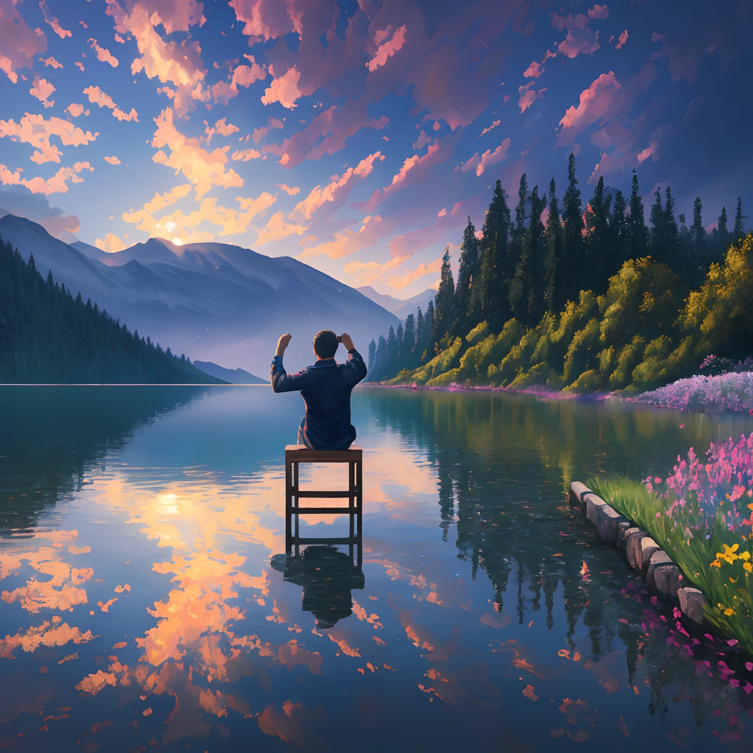 Masterpiece, best quality, high quality, extremely detailed CG unity 8k wallpaper, outdoor, sky, clouds, night, no humans, mountain, a man on a chair seeming to float on the water, moonlight, cinemagraph, landscape, water, trees, dark sky, waterfall, cliff, nature, lake, river, cloudy sky, award winning photography, bokeh, depth of field, hdr, bloom, chromatic aberration, photorealistic, highly detailed, trending on artstation, trending on CGsociety, intricate, high detail, dramatic, halfway art --auto --s2