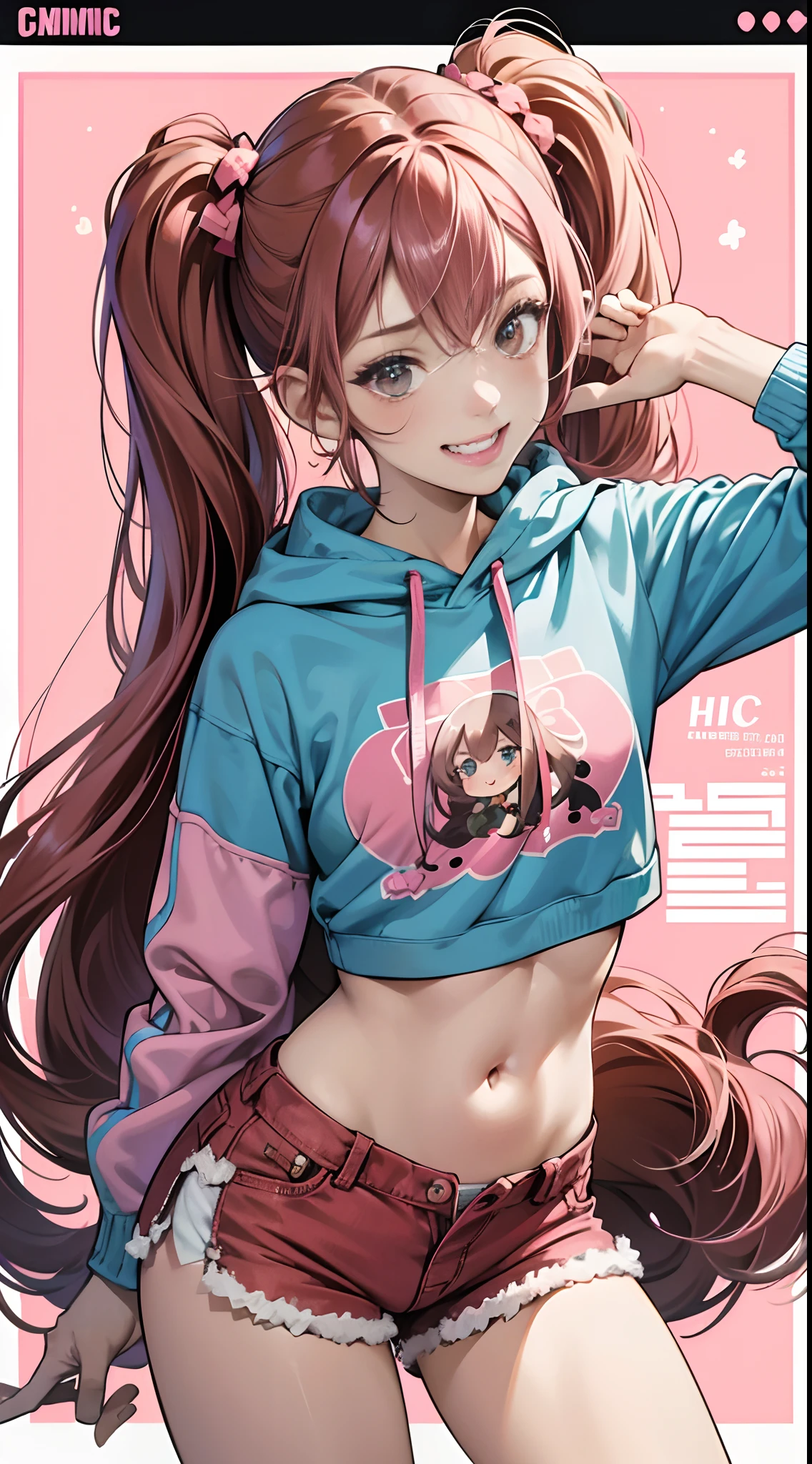 Young adult woman, green eyes, brown hair, ponytail, large locks in front, outlined, anime trace, cute clothes with pastel colors, medium bust, muscular legs, casual pose --auto --s2