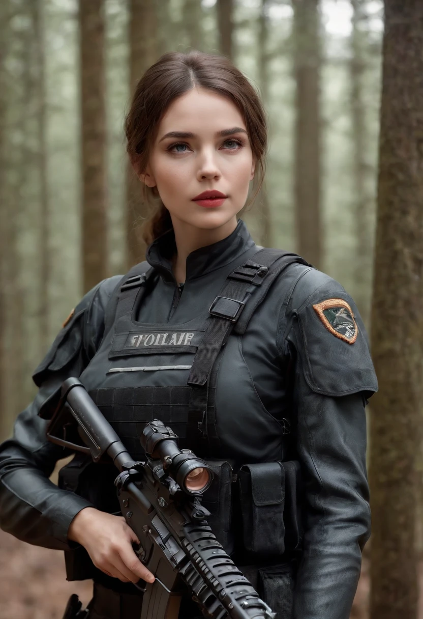 handsome, white male, fully equipped black soldier's suit, detailed rifle, black evening forest background, 2 girls, beautiful detailed eyes, beautiful detailed lips, extremely detailed eyes and face, long eyelashes, military-style boots, tactical accessories, bulletproof vest, camouflage pattern, strong and confident posture, intense focus, moonlight filtering through the trees, dramatic and mysterious atmosphere, high-resolution image, vivid colors, professional lighting