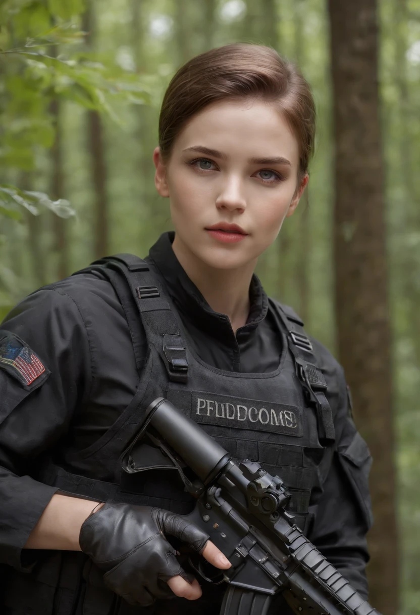 handsome, white male, fully equipped black soldier's suit, detailed rifle, black evening forest background, 2 girls, beautiful detailed eyes, beautiful detailed lips, extremely detailed eyes and face, long eyelashes, military-style boots, tactical accessories, bulletproof vest, camouflage pattern, strong and confident posture, intense focus, moonlight filtering through the trees, dramatic and mysterious atmosphere, high-resolution image, vivid colors, professional lighting