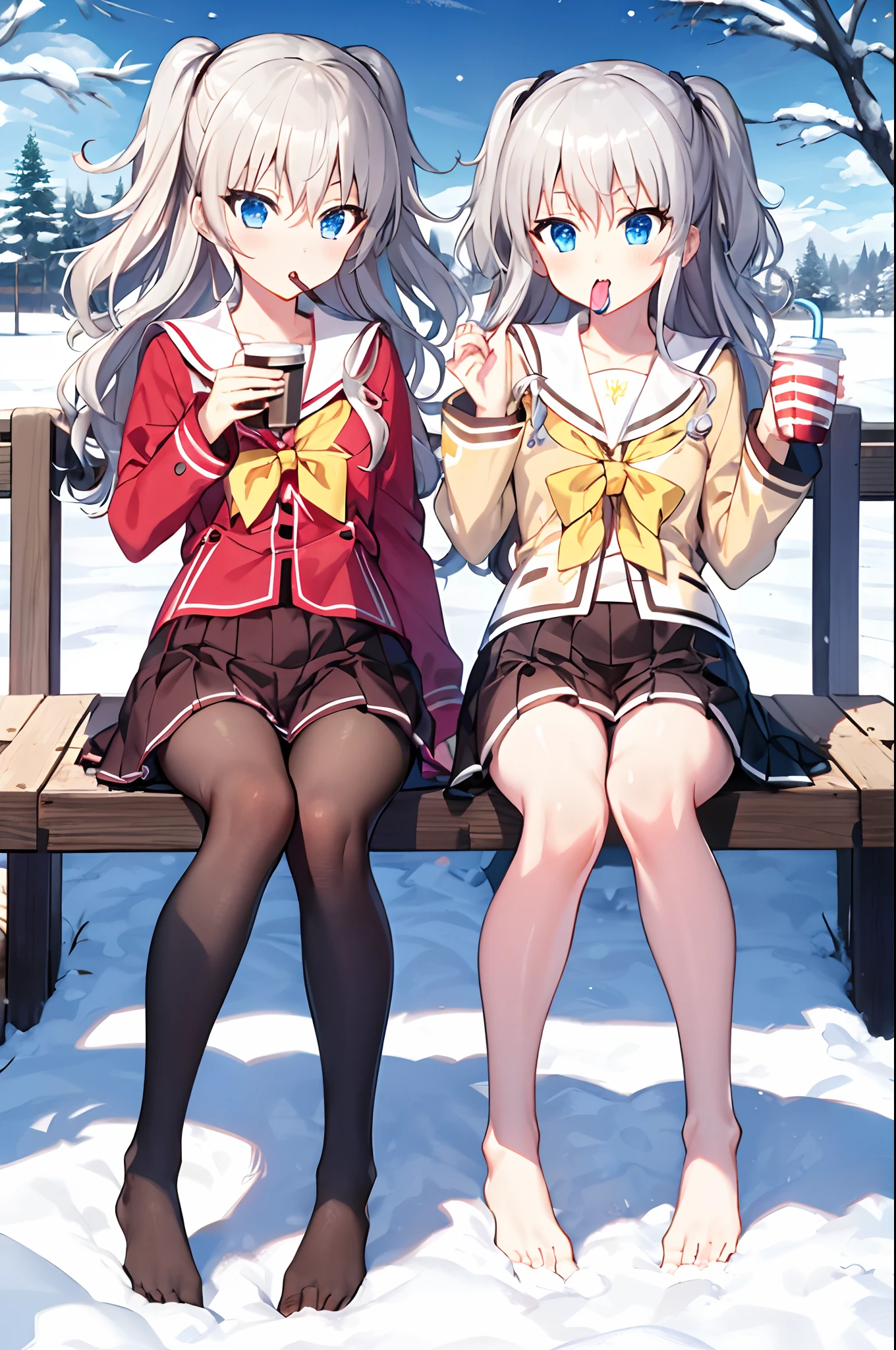 1girl, Tomori, wariza,Stand up,(Heart hand:1.2), blue skirts, white shirt, serafuku, with her mouth open, (Speaking heart:1.4),Background in snow,Barefoot,sat on the ground,Drink coffee in hand