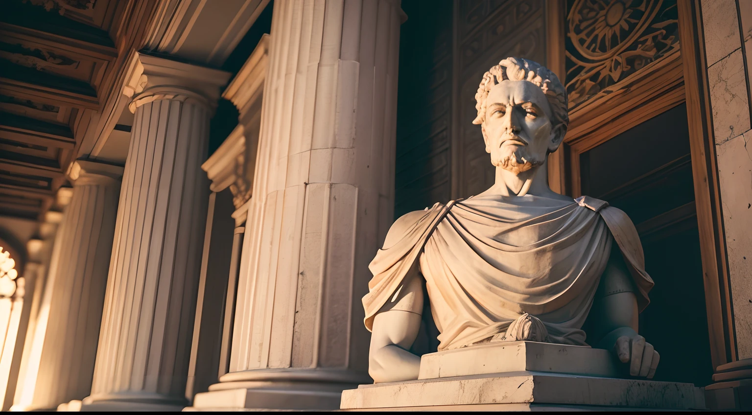 Ancient Stoic statue, with an expression of anger, usando manto e tunica longo sobre todo o corpo, Na Noite escura, ao ceu aberto, arquitetura grega antiga de fundo, 35 mm, lateralmente, Filmado em Sony A7S III com Sony FE 35mm f/1.8, 12.1 MP, --AR 3:2 --estilo cru