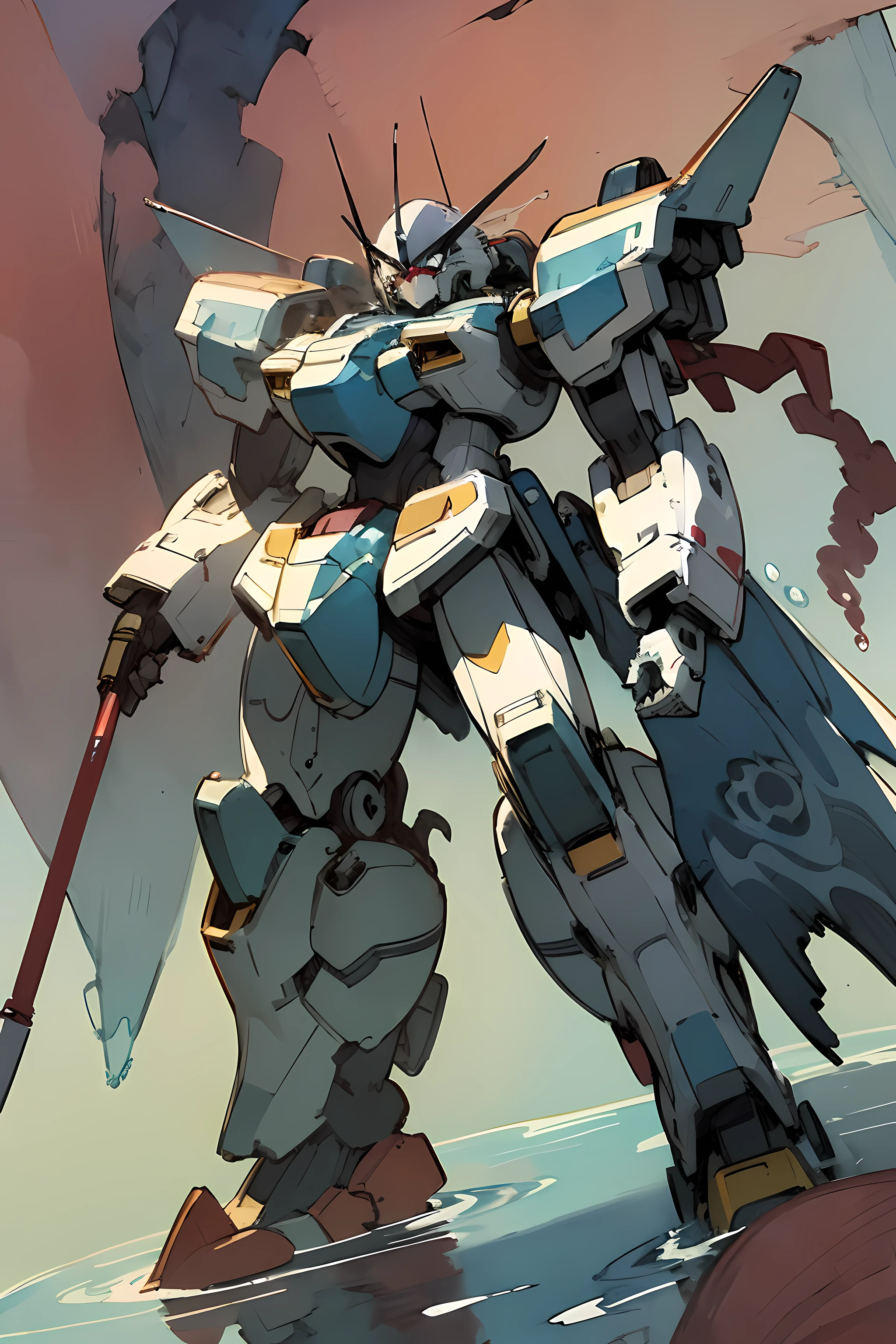 Mecha, light blue with red markings, (artist Mamoru Nagano:1.5), (fine ink drawings:1.6), (water-colors:1.6), (Illustration on paper)