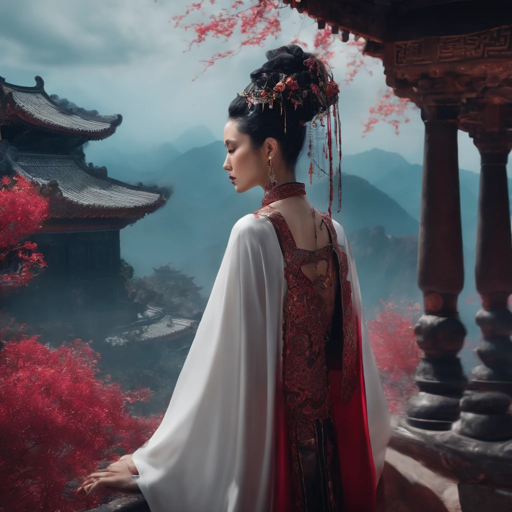 cyber punk perssonage，Taoist robes，cultivating immortals，water ink，High hills，self-assured，Fairy wind road bone，Blood flow in the background