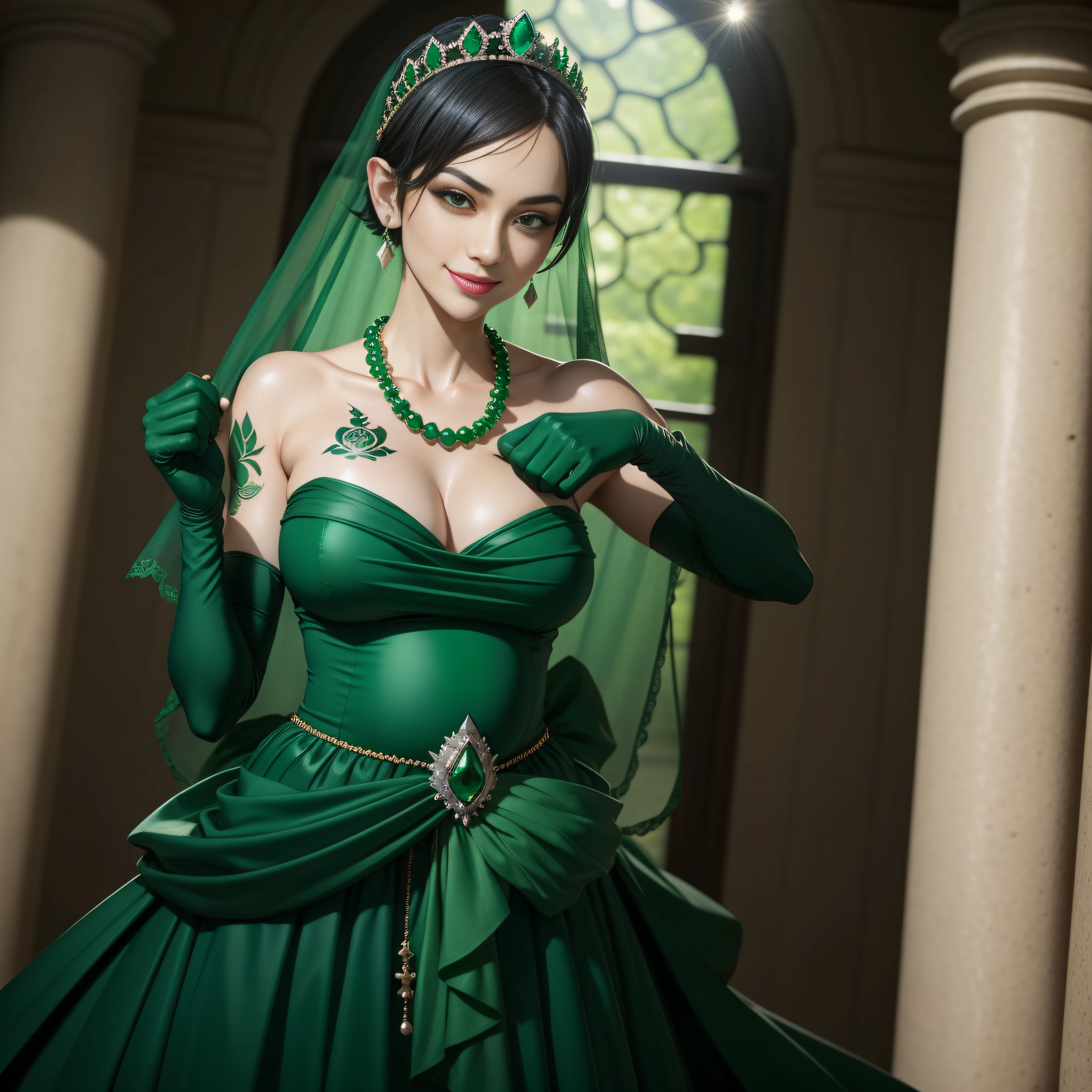 emerald tiara, Green Pearl Necklace, Boyish very short black hair, lipsticks, Japan woman smiling, very short short hair, fist, big breasts beautiful, Green eyes, Long green gloves made of satin material, Green eyes, Emerald Earrings, Pregnancy, Pregnant Woman, The tattoo, The tattoo