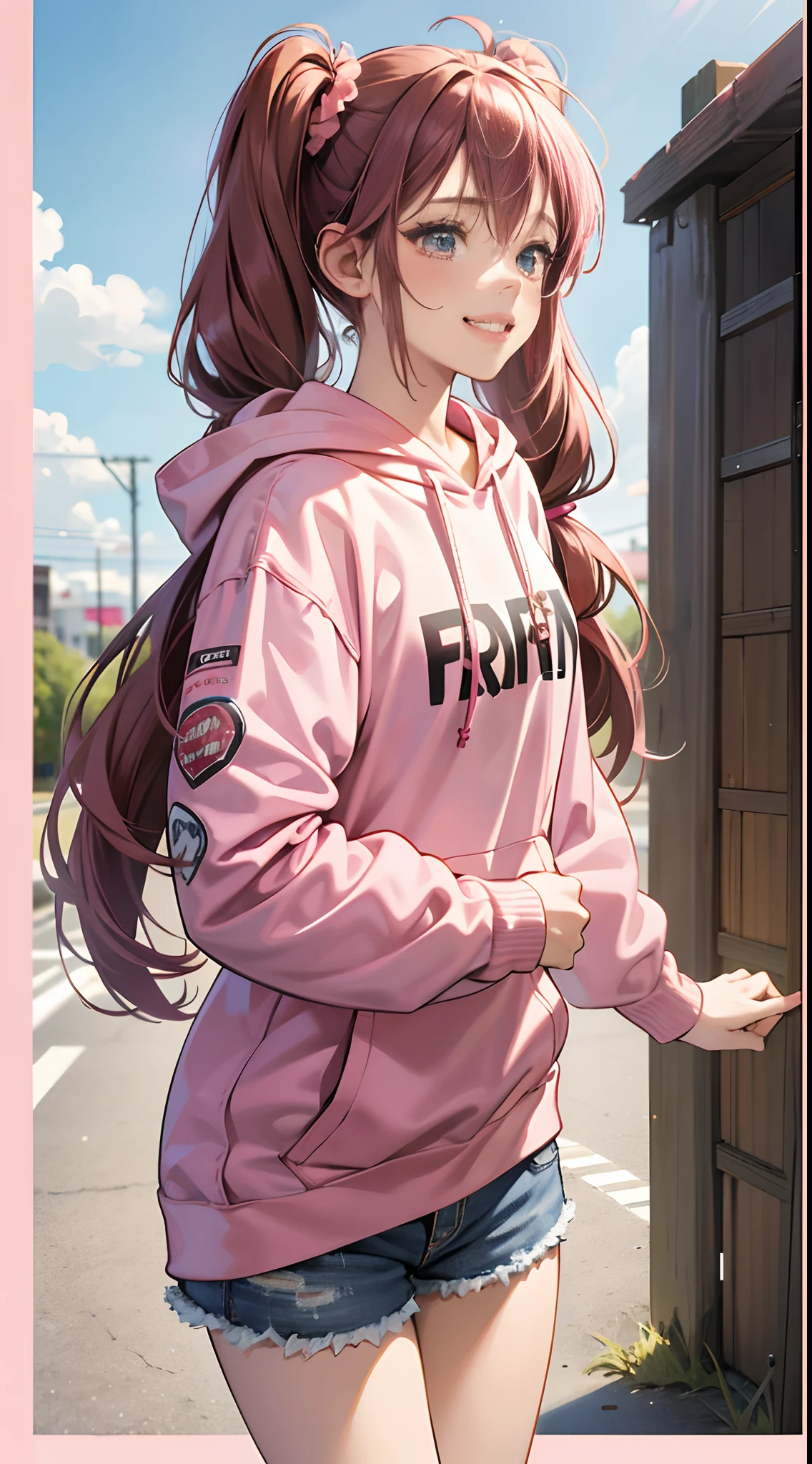 (Best Quality,4K,High resolution), girl with, Pink mesh hair on brown hair, Hair has long twin tails, Innocence,Smile cheerfully, Hooded pink and red decorative hoodie,Denim shorts,Comical appearance,noisy,comic strip,animesque,Comical illustration,stroll,Deformed cute illustration,Faces close,Facial expression do-up