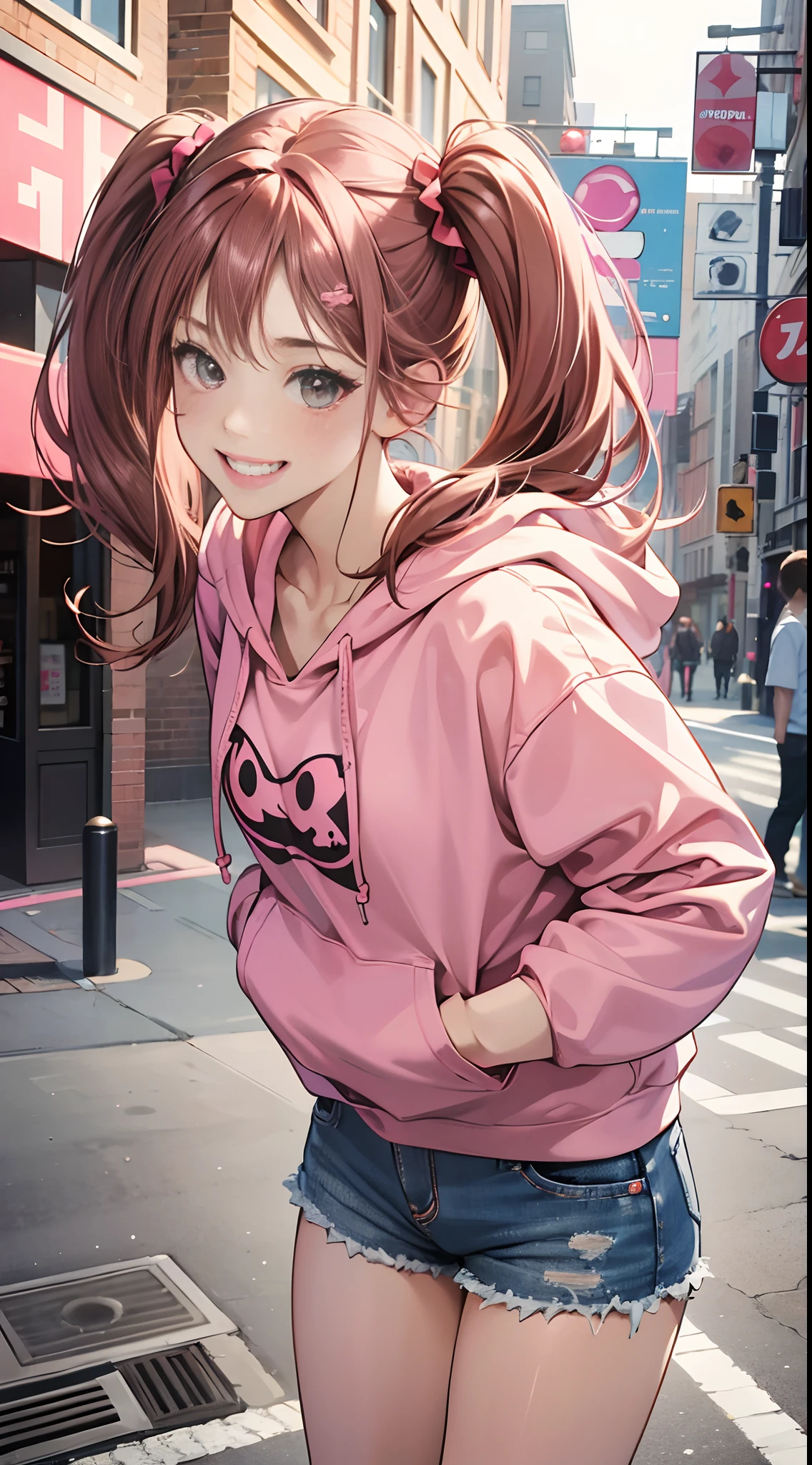 (Best Quality,4K,High resolution), girl with, Pink mesh hair on brown hair, Hair has long twin tails, Innocence,Smile cheerfully, Hooded pink and red decorative hoodie,Denim shorts,Comical appearance,noisy,comic strip,animesque,Comical illustration,stroll,Deformed cute illustration,Faces close,Facial expression do-up