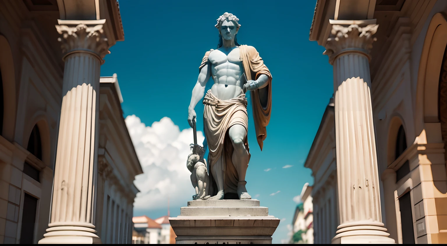 Ancient Stoic statue, with an expression of anger, usando manto e tunica longo sobre todo o corpo, Na Noite escura, ao ceu aberto, arquitetura grega antiga de fundo, 35 mm, lateralmente, Filmado em Sony A7S III com Sony FE 35mm f/1.8, 12.1 MP, --AR 3:2 --estilo cru