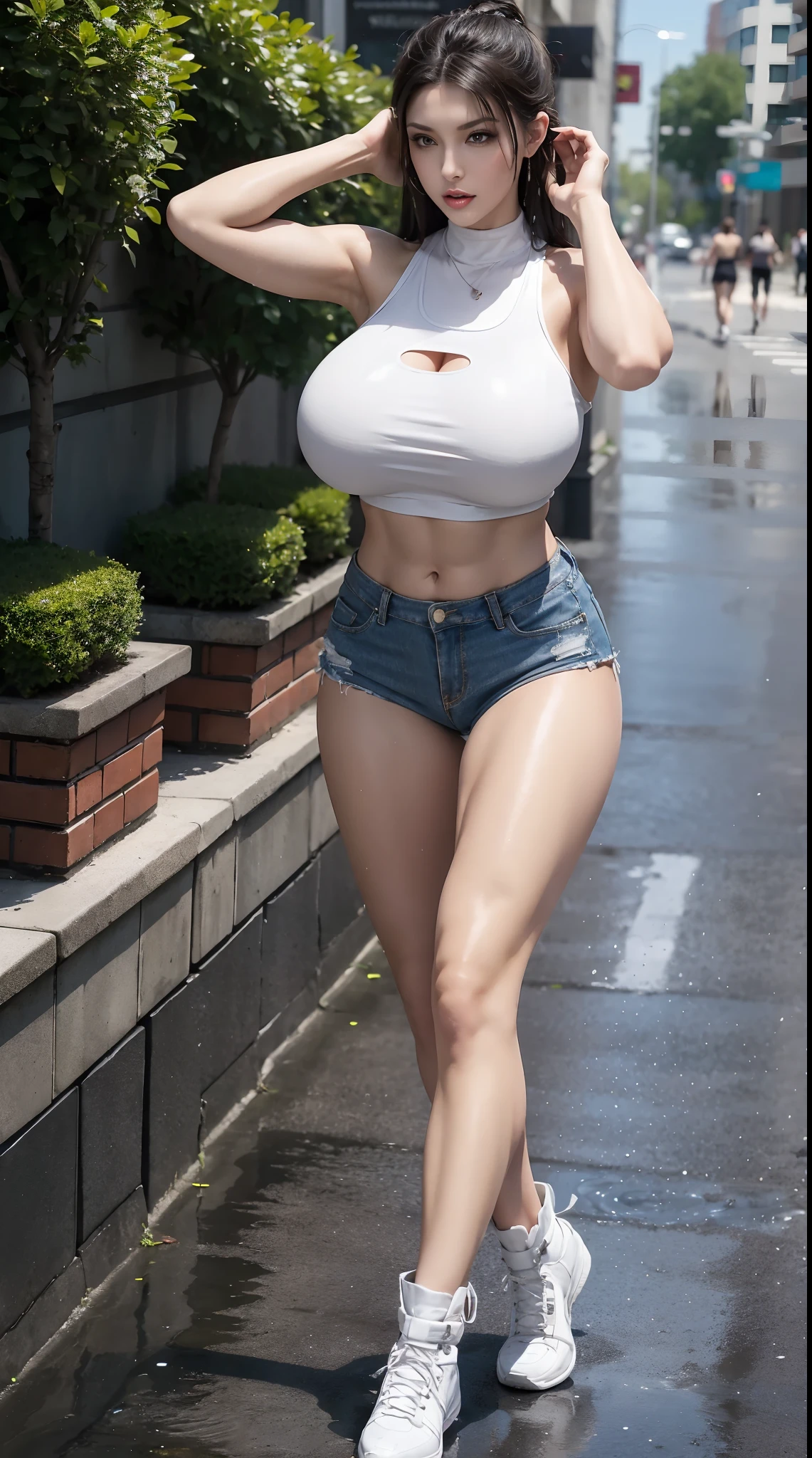physically-based rendering, (1girl:1), Female, (huge fake breasts:1.3), street, sexy muscular body, muscle abs, slim waist, big buttocks, (Full body:1.3), walking, skintight hotpants, wearing wet crop top tank top.