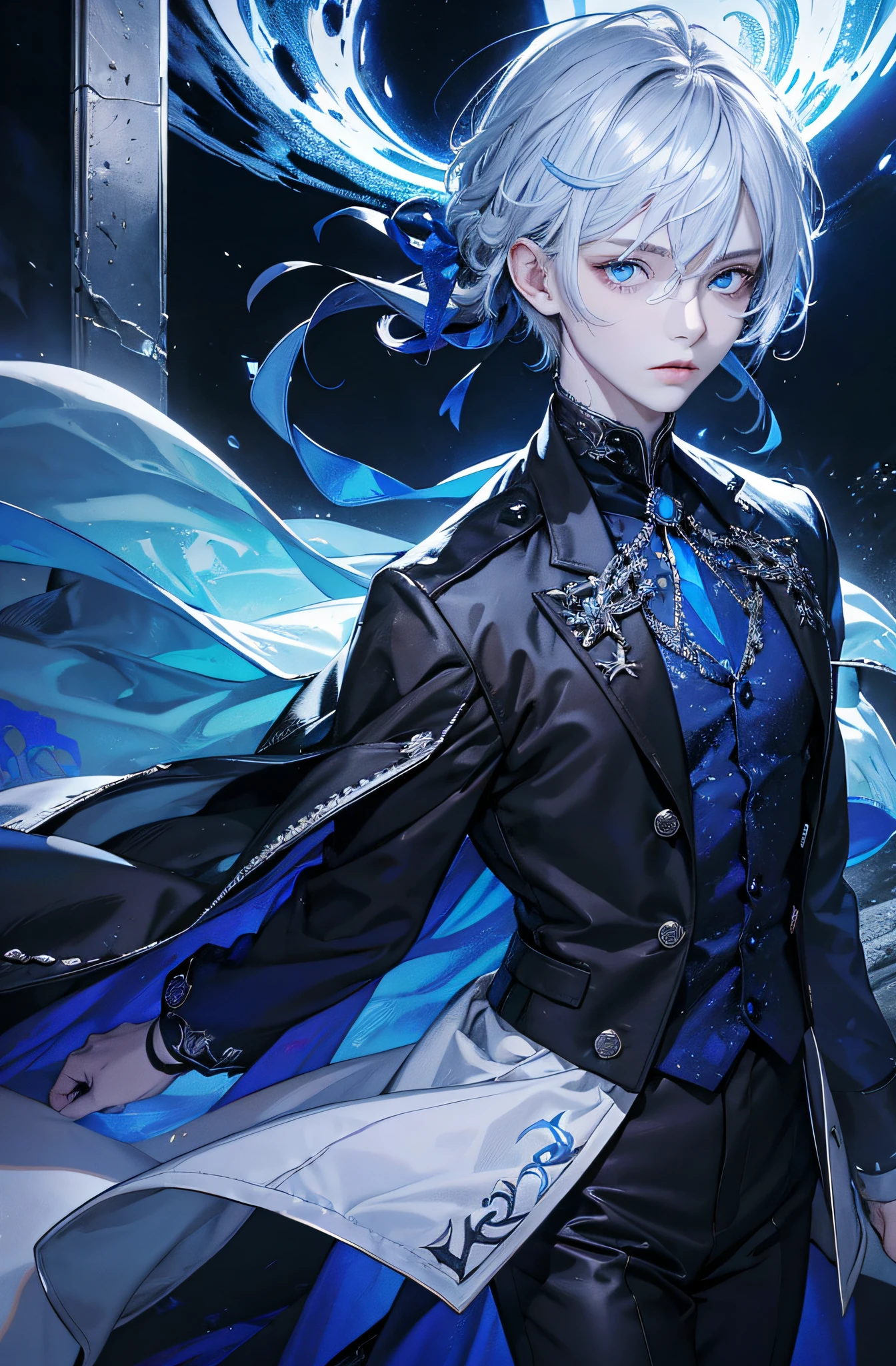Ein Junge, stattlich, light-skinned, Entschlossene Augen, wallendes langes bluesilver Haar, blaue Augen, Stark, Schwarze Kleidung, Antiker Stil, 8K, Geben, Flamme, buntes Licht, sternenhimmel, Milky Way, full entire body