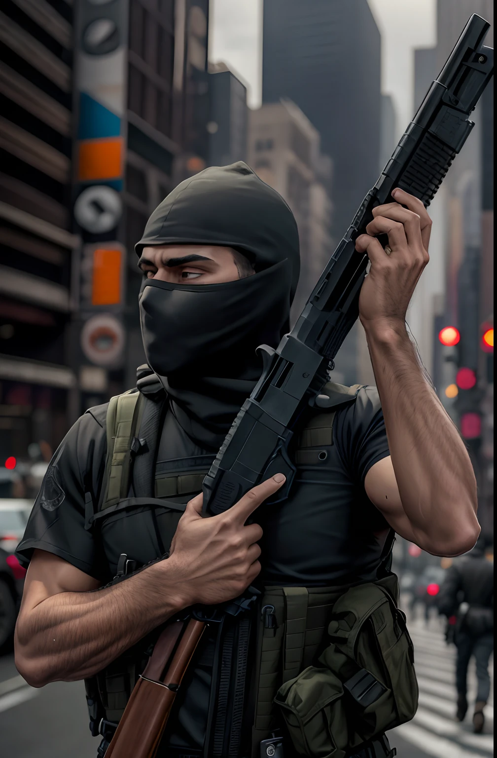 arafed man in a black mask holding a gun, wielding assault rifle, man is carrying a rifle, armed with edged weapons, bank robbery movies, airsoft cqb, holding a weapon, balaclava covering face, holding a mp7, smoking and holding a gun, holding gun, holding rifle, with rifle in hands, holding pdw, holding a rifle, gloves, looking at viewer, city backdrop