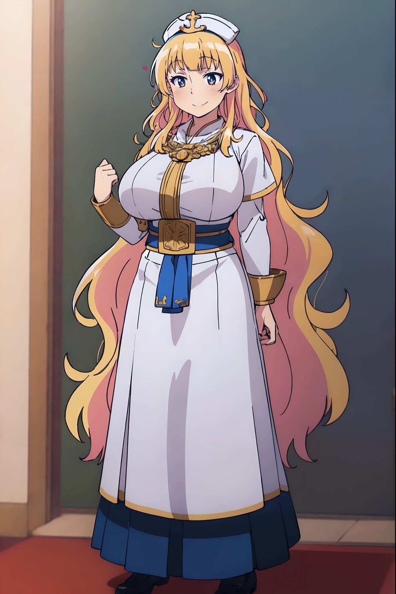 galko,1girl, solo, smile, full body, standing, long skirt, priestess, religious, holy, cute, blush, bimbo body,chocovenus,big breast,tall female