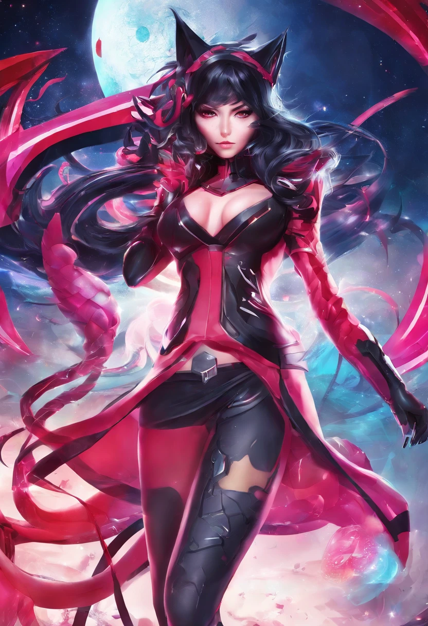 Ahri de League of Legends, foto do corpo todo, perfect hands, cabelos pretos e longos, nine fox tails on the tailbone, orelhas de raposa pretas, roupa de samurai vermelha, papel de parede, fundo em Iona, rosto sexy oriental, cabelos pretos escuros, imagem horizontal, celular