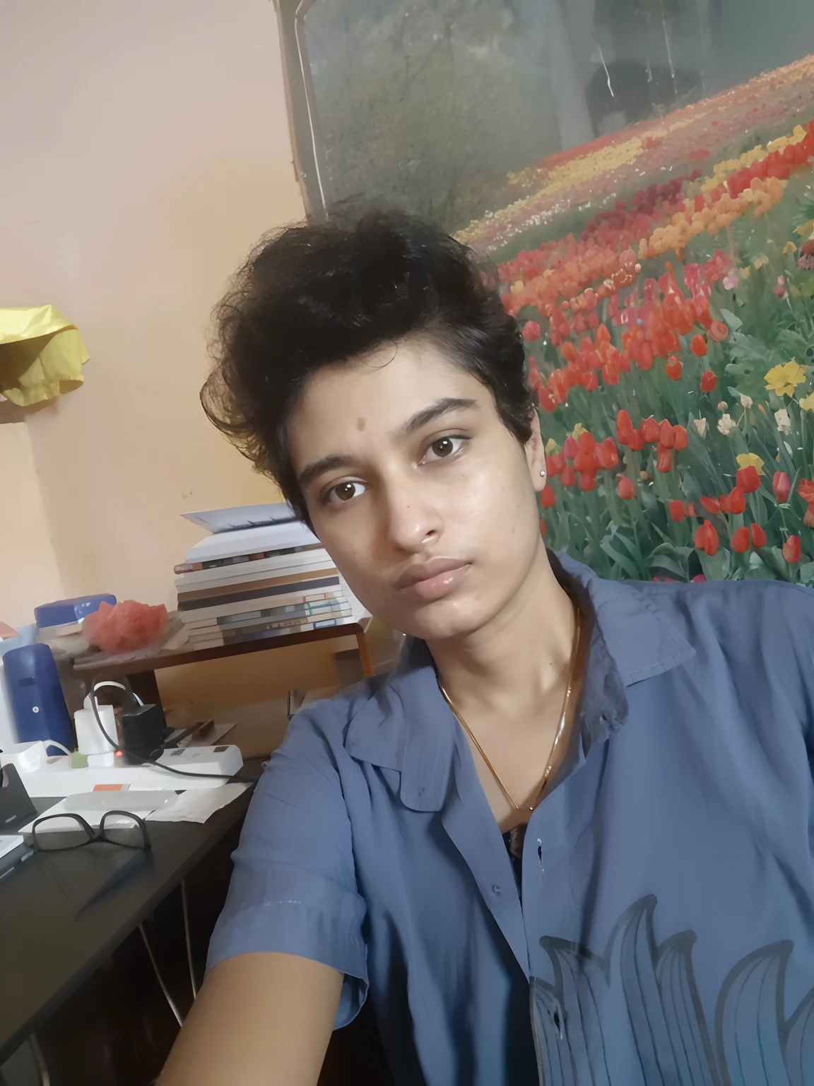 there is a woman sitting at a desk with a laptop, 30 years old woman, 3 0 years old woman, androgynous person, with accurate face, without helmet, around 1 9 years old, selfie photo, androgynous face, selfie of a young woman, beuatiful face, jayison devadas, without makeup, non binary model