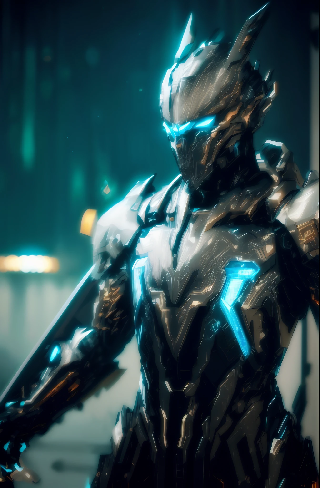 Close-up of a robot with glowing eyes and a sword, intricate glowing mecha armor, glowing lights in armor, movie still of a cool cyborg, cyber suit, HQ 4K wallpaper, movie still of a villain cyborg, covered in full silver armor, high detail 4k render, Mecha suit, light coming off of the armor, cyber fight armor，male people，No hair，Gold
