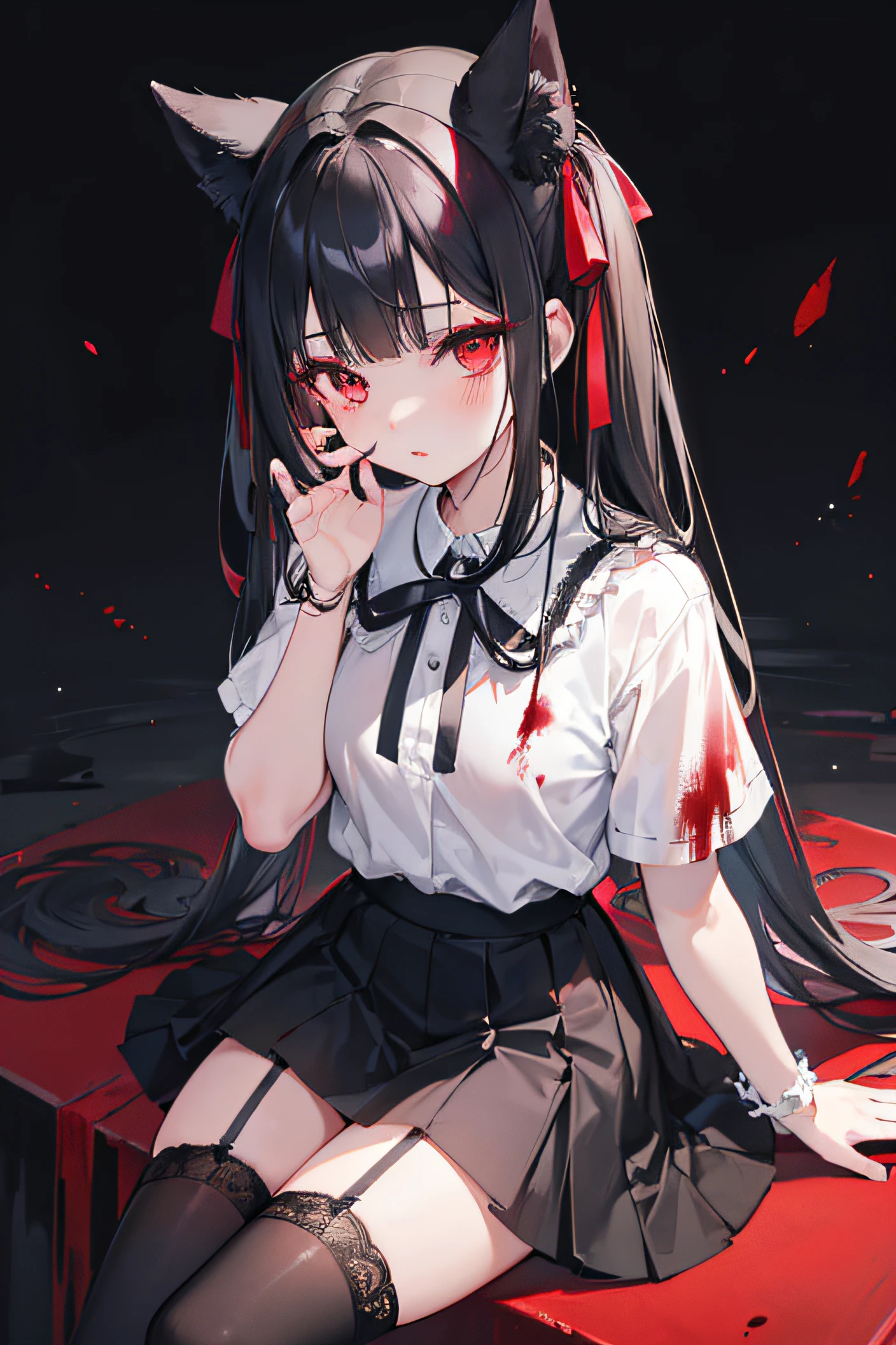 (((((stab the knife、Center close-up Bathe in blood))))) ((((Fantasy Black Hair、Long Hair Dull red eyes Maid clothes)))) (((Lonely despair))) ((necklace、red tears gloves)) (Broken glass Distorted Space-Time star moon) Catch the wind autumn Shining Background Particles of light