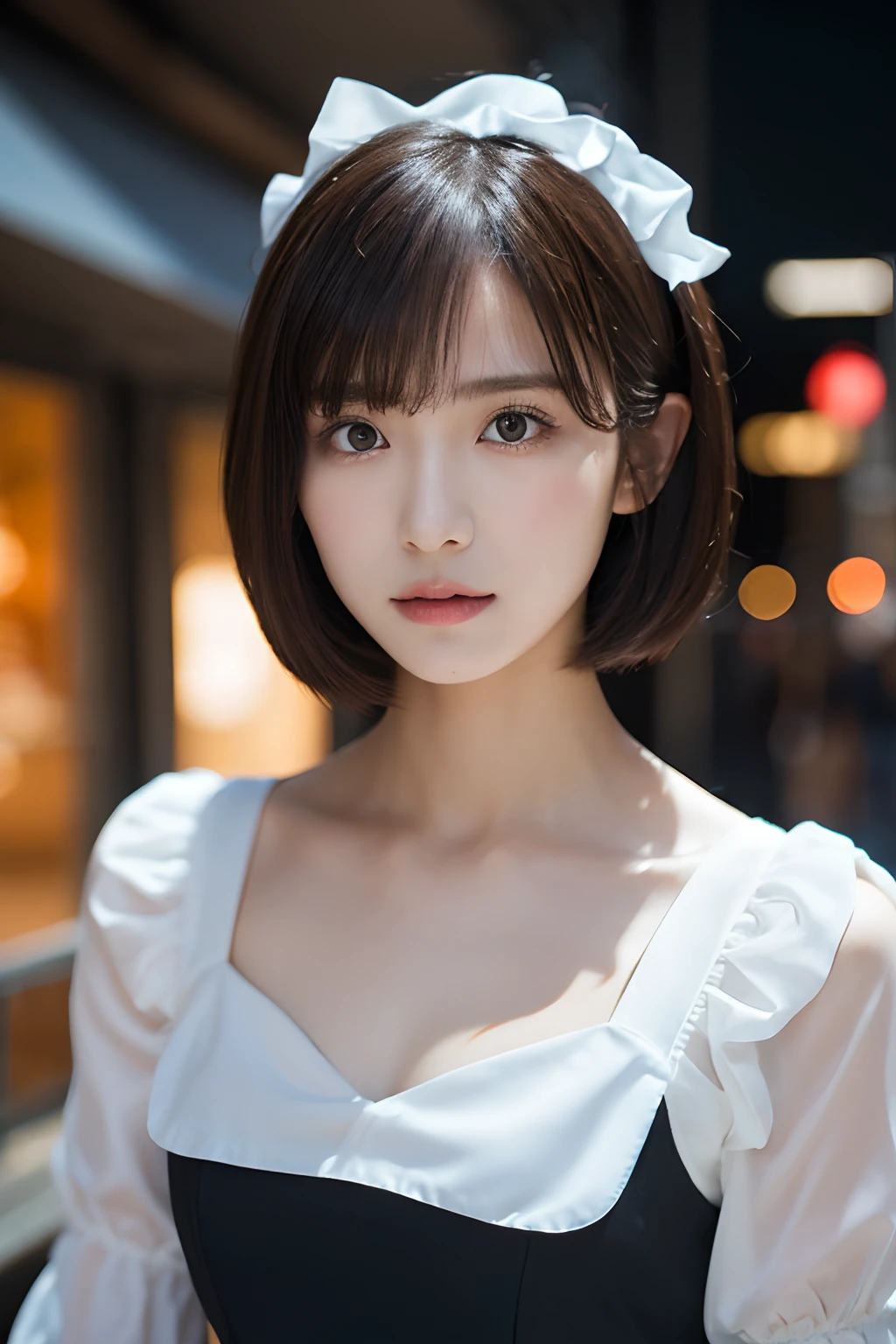 1girl in, Very elegant girl, (Young Face, Cute), (French maid costume:1.2), (Raw photo, Best Quality), (Realistic, Photorealsitic:1.4), masutepiece, Extremely delicate and beautiful, Extremely detailed, 2k wallpaper, amazing, finely detail, the Extremely Detailed CG Unity 8K Wallpapers, Ultra-detailed, hight resolution, Soft light, Beautiful detailed girl, extremely detailed eye and face, beautiful detailed nose, Beautiful detailed eyes, Short hair, 
Bangs, Elegant rounded bob, Cinematic lighting, Typical views of Paris, Perfect Anatomy, Slender body, Beautiful constricted waist, thin legs, Looking at the camera