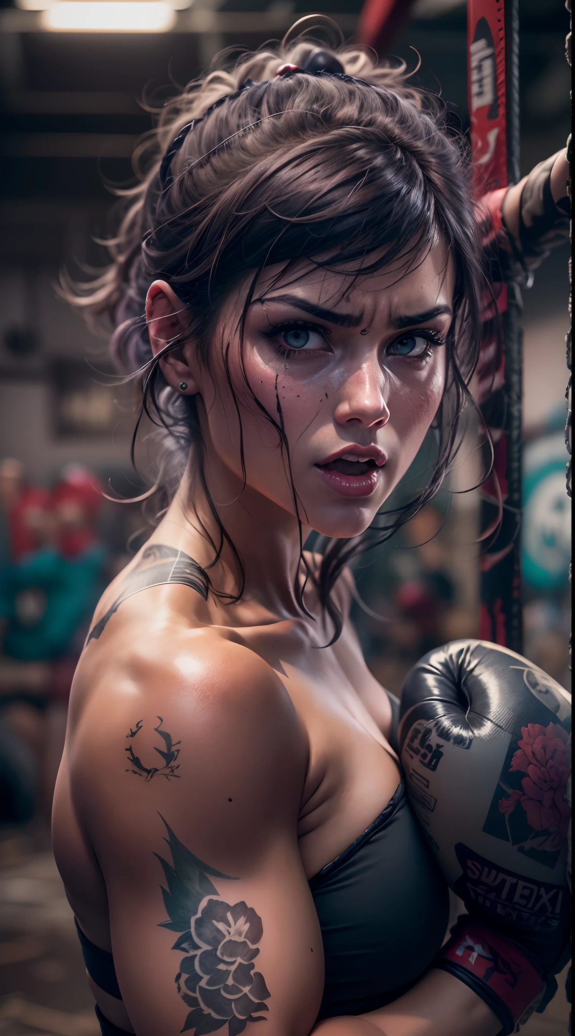 motor irreal:1.4,UHD,La mejor calidad:1.4, fotorrealista:1.4, textura de la piel:1.4, obra maestra:1.8,
( una hermosa sexy chica de boxeo musculoso en un gimnasio de boxeo sucio golpeando un saco de boxeo y sudando mucho ),(ciborg:1.4),(Topless),(Fighting in an abandoned factory),(Deadly fighting action),(NSFW),
(retratos),(vivid colors),(tonos oscuros),(intense illumination),(metal textures),(Dystopian atmosphere),
(Neon lights),(dramatic angles),(ventanas rotas),(Graffiti),(Chispas),(broken concrete),(expresiones faciales intensas),
(Goteo de sudor),(Artes marciales),(ojos expresivos),(Miradas decididas),(adrenalina),(Combate feroz),(Fondos siniestros),
(movimiento borroso),(tatuajes),(Muscular physiques),(Ambiente arenoso),(Poses fuertes)