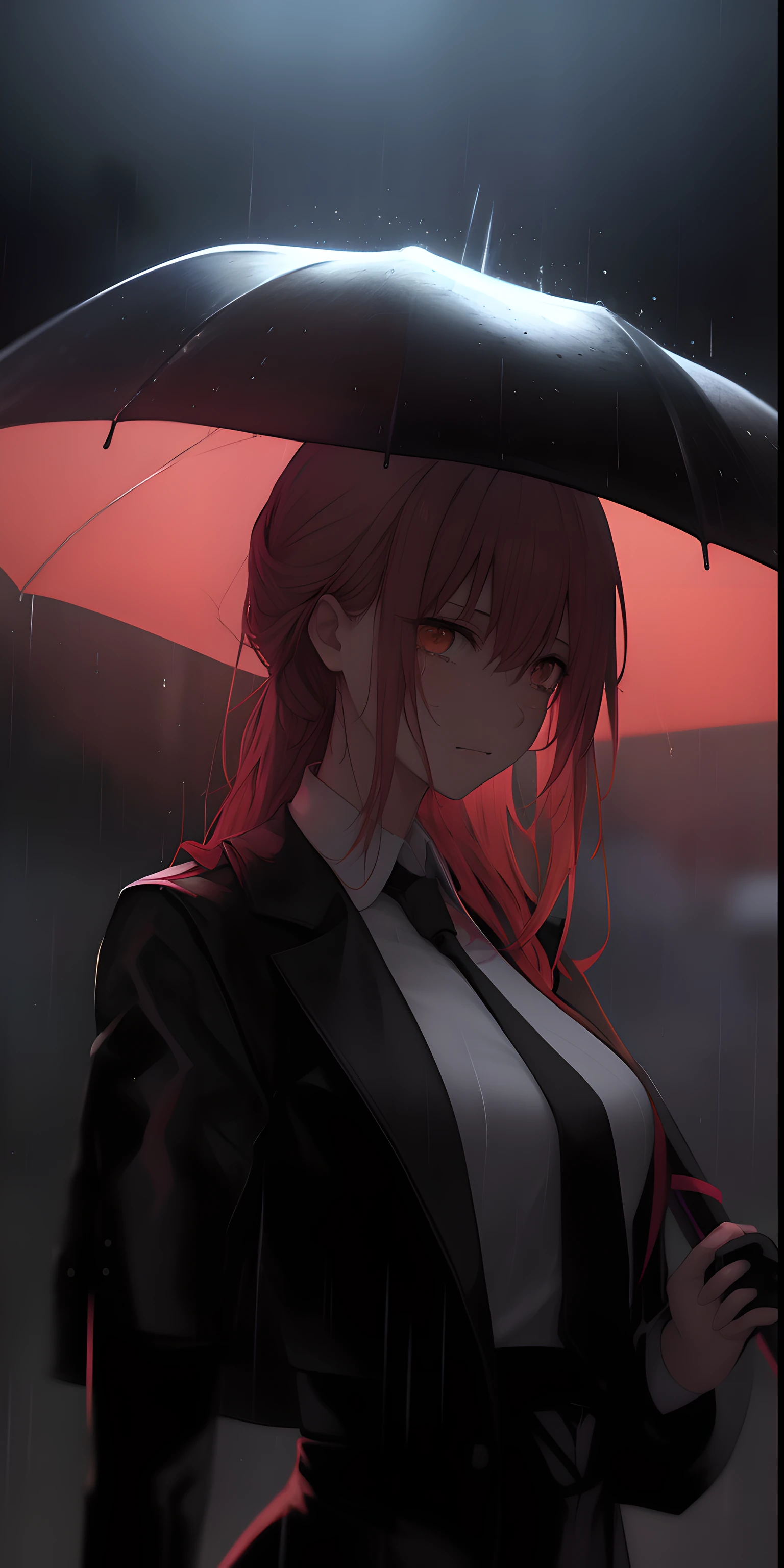 Chica de anime con paraguas bajo la lluvia, sangrado de color rojo lluvia, lluvia roja, lluvia de sangre, bajo la lluvia, lluvia de sangre, bajo la lluvia, Tormenta, Estilo de arte ufotable, Guweiz, Lloviendo!, it's raining, Obras de arte al estilo de Guweiz, Lloviendo, Tears in the Rain, De Girls Frontline, ojos brillantes, pupilas circulares, high resolusion, hiper realista, realista,