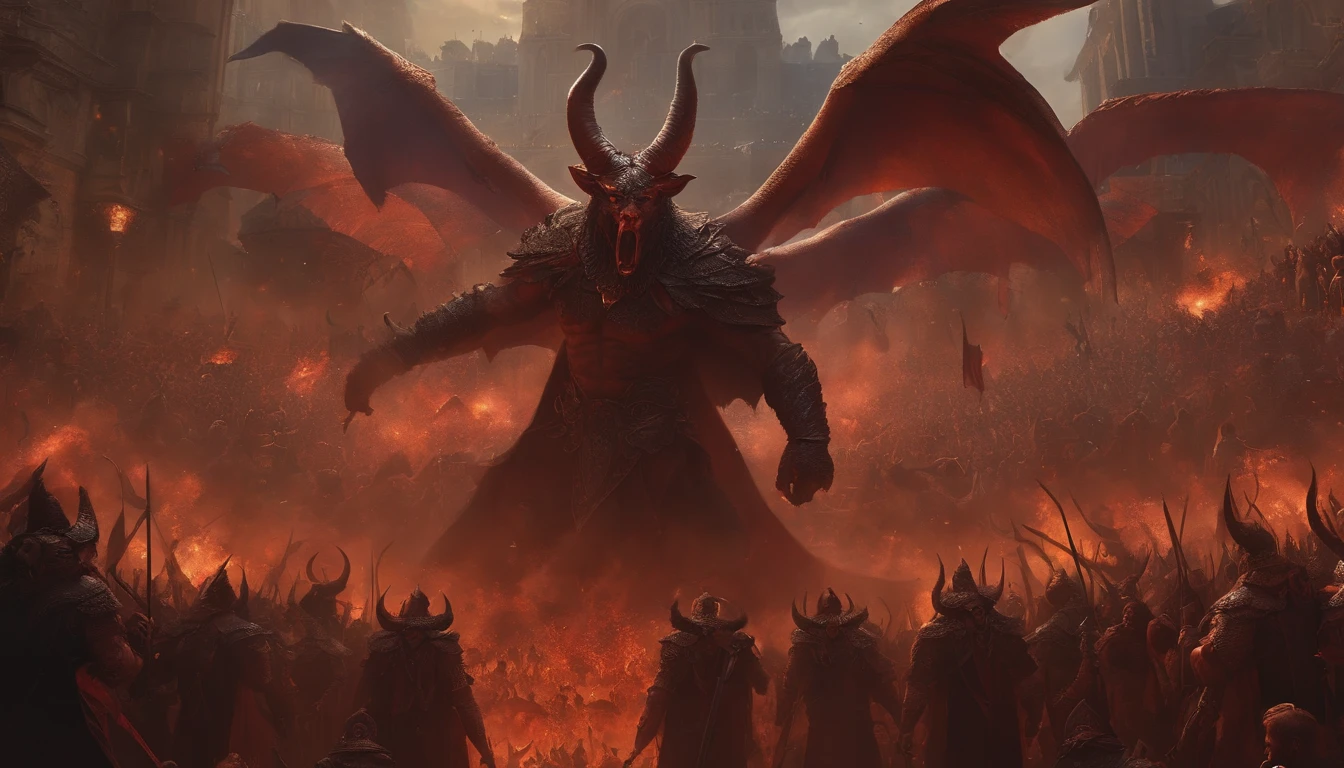demons with horns and wings on their backs spread over a city and with a sword in the midst of a large crowd of people