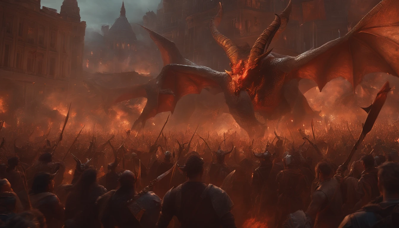 demons with horns and wings on their backs spread over a city and with a sword in the midst of a large crowd of people