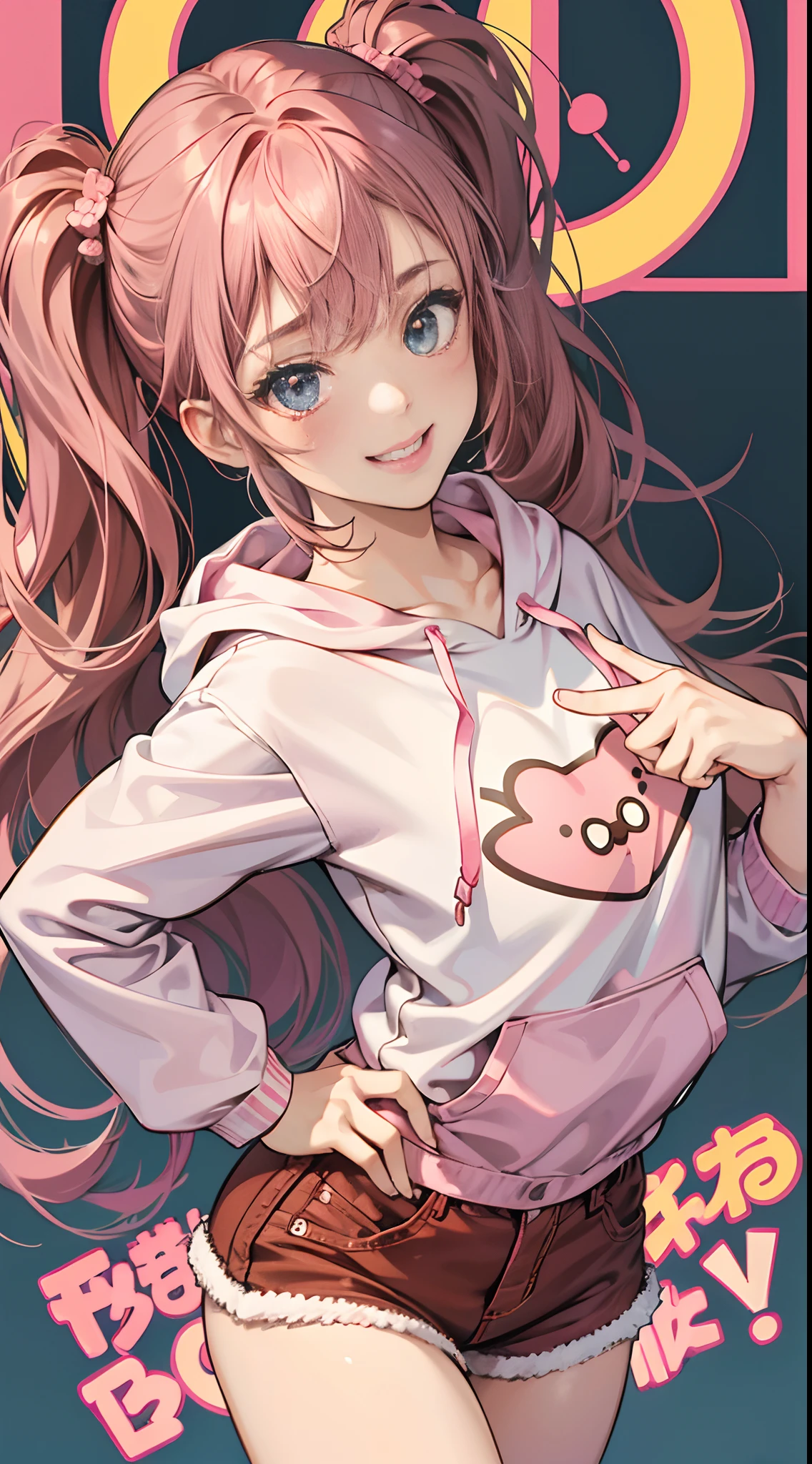(Best Quality,4K,High resolution), girl with, Pink mesh hair on brown hair, Hair has long twin tails, Innocence，Smile cheerfully， Hooded pink and red decorative hoodie，Denim shorts，Comical appearance，noisy，comic strip，animesque，Comical illustration，stroll，Deformed cute illustration，Faces close，Facial expression do-up