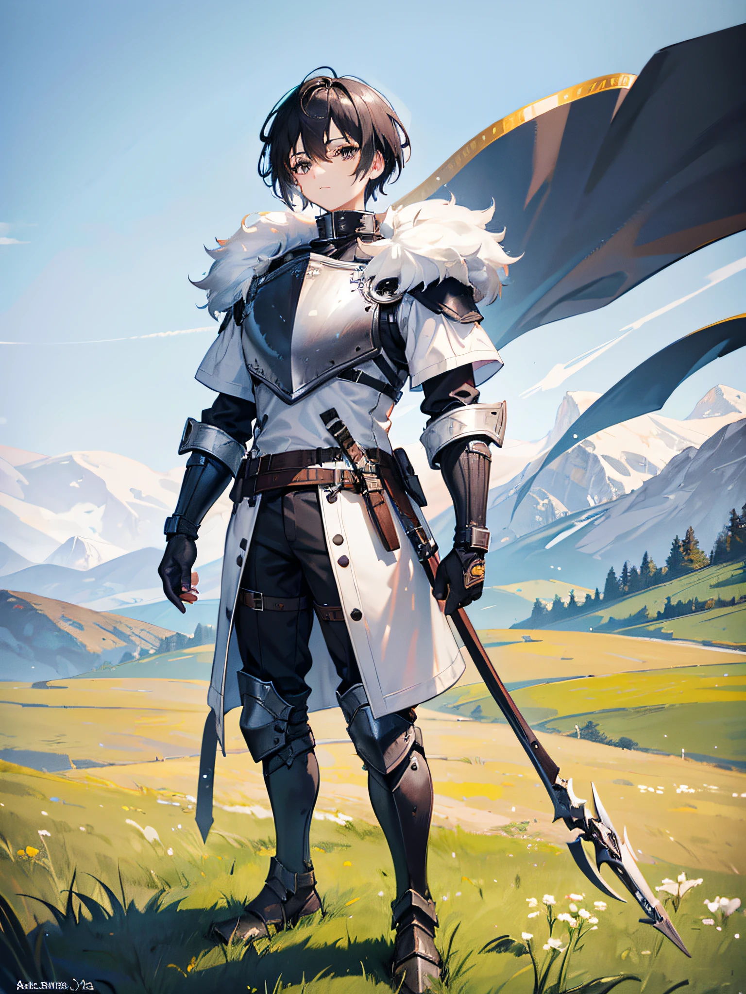 1man, standing, short black hair, gray eyes, white fur, brown leather jacket, knight, adventurer, short sleeves, breastplate, grassland, absurdres, high res, ultrasharp, 8K, masterpiece, looking at viewer, blue sky, full body