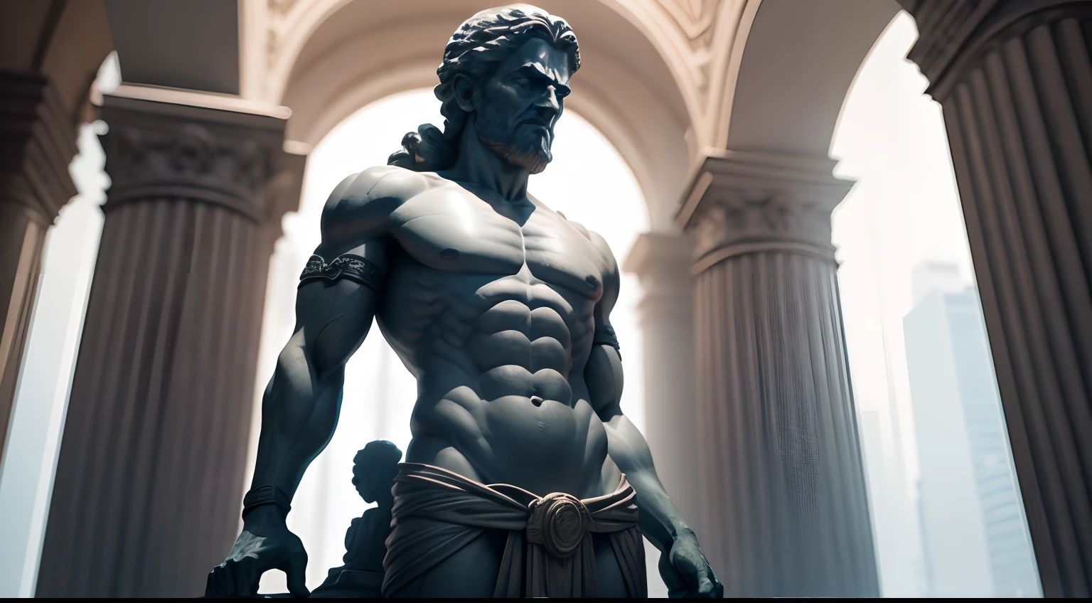 Ancient Stoic statue, with an expression of anger, usando manto e tunica longo sobre todo o corpo, Na Noite escura, ao ceu aberto, arquitetura grega antiga de fundo, 35 mm, lateralmente, Filmado em Sony A7S III com Sony FE 35mm f/1.8, 12.1 MP, --AR 3:2 --estilo cru