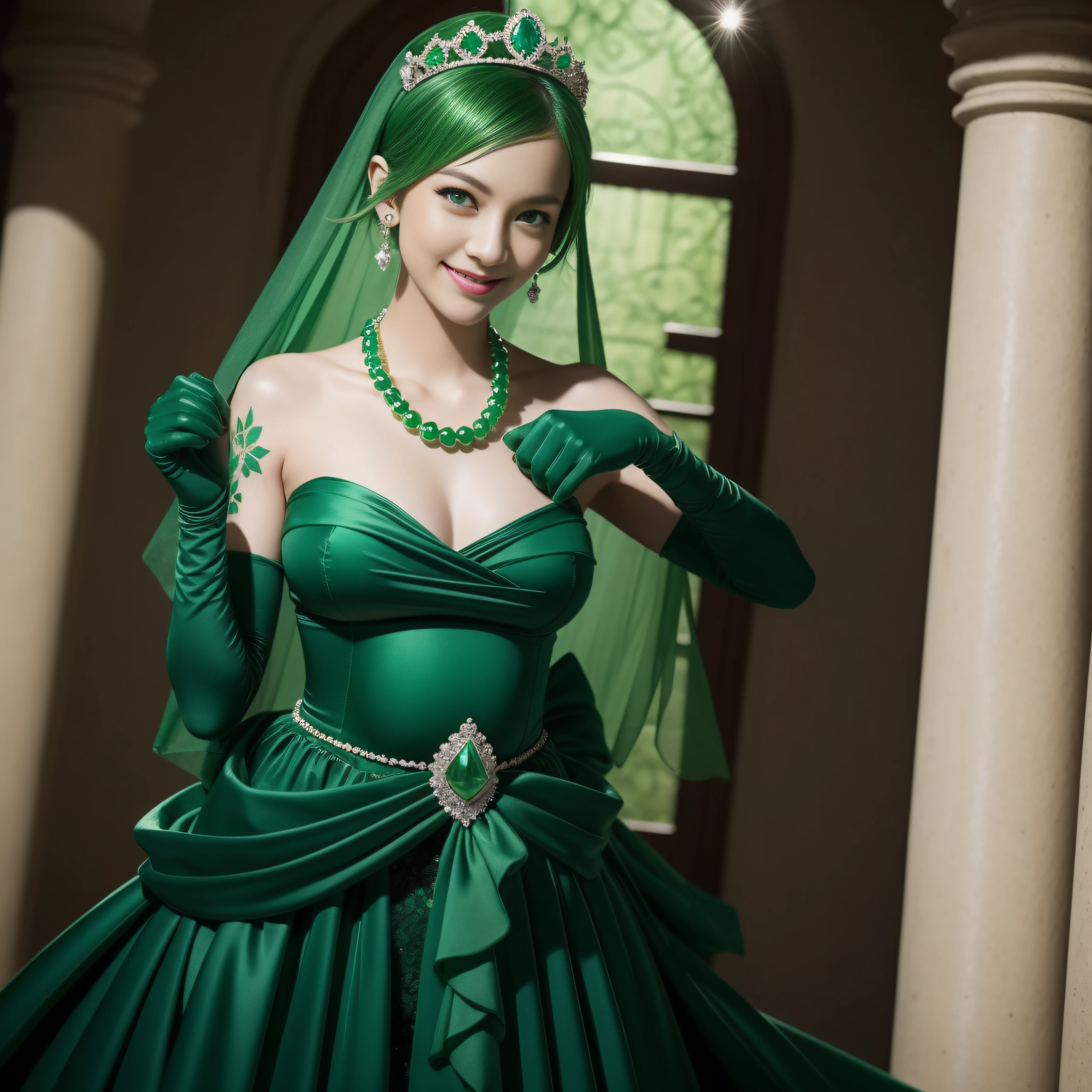emerald tiara, Green Pearl Necklace, Boyish very short green hair, lipsticks, Japan woman smiling, very short short hair, fist, big breasts beautiful, Green eyes, Long green gloves made of satin material, Green eyes, Emerald Earrings, Pregnancy, Pregnant Woman, The tattoo, The tattoo