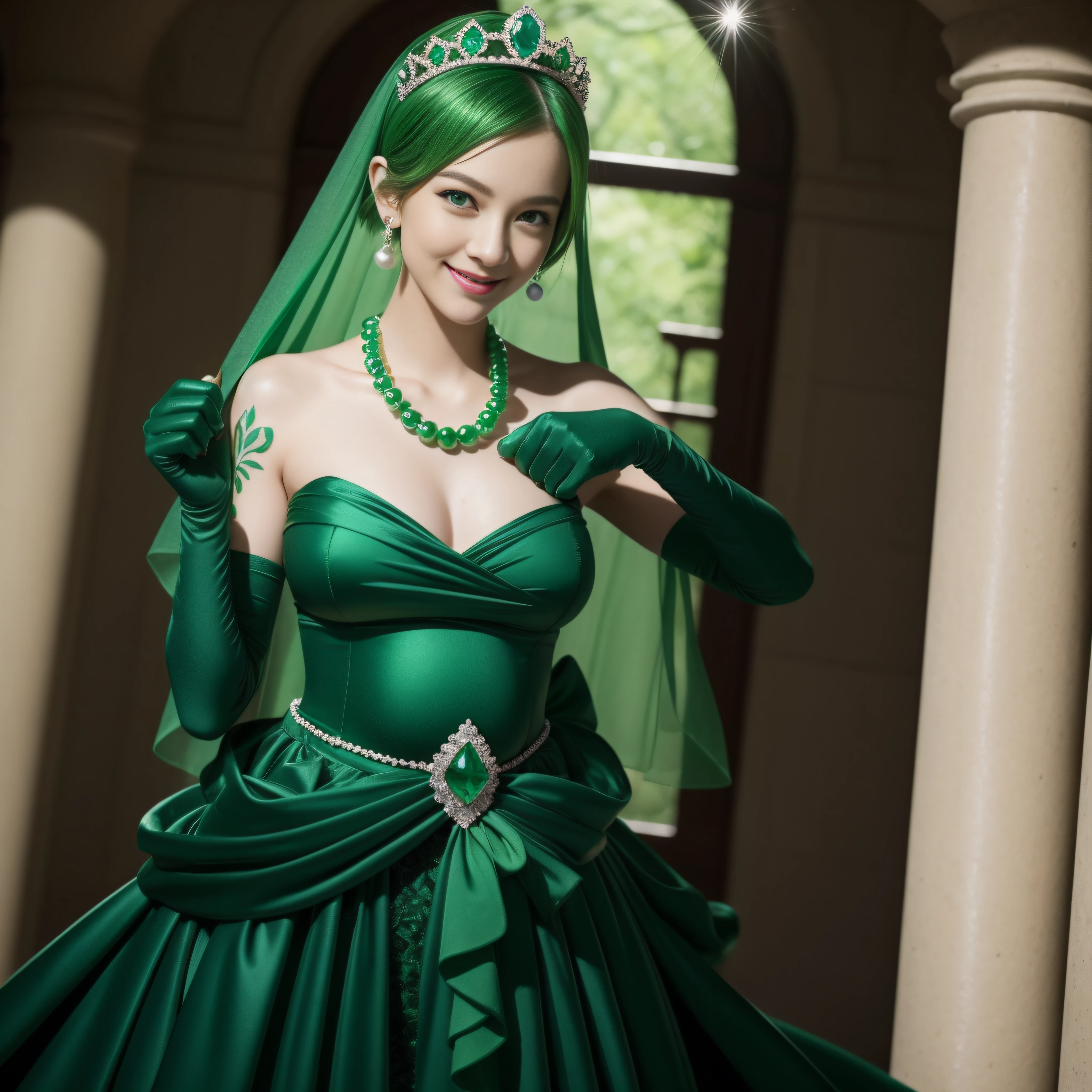 emerald tiara, Green Pearl Necklace, Boyish very short green hair, lipsticks, Japan woman smiling, very short short hair, fist,  beautiful, Green eyes, Long green gloves made of satin material, Green eyes, Emerald Earrings, , Pregnant Woman, The tattoo, The tattoo