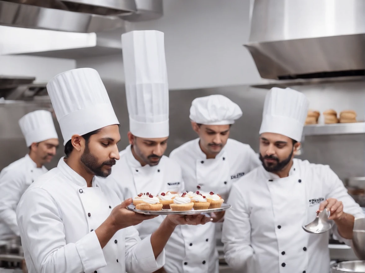 Indian chef team preparing desserts in commercial kitchen with stainless steel appliances, 5 chefs, wearing white chef hat, wearing hand gloves, competition winning, artistic poses, multiple chefs