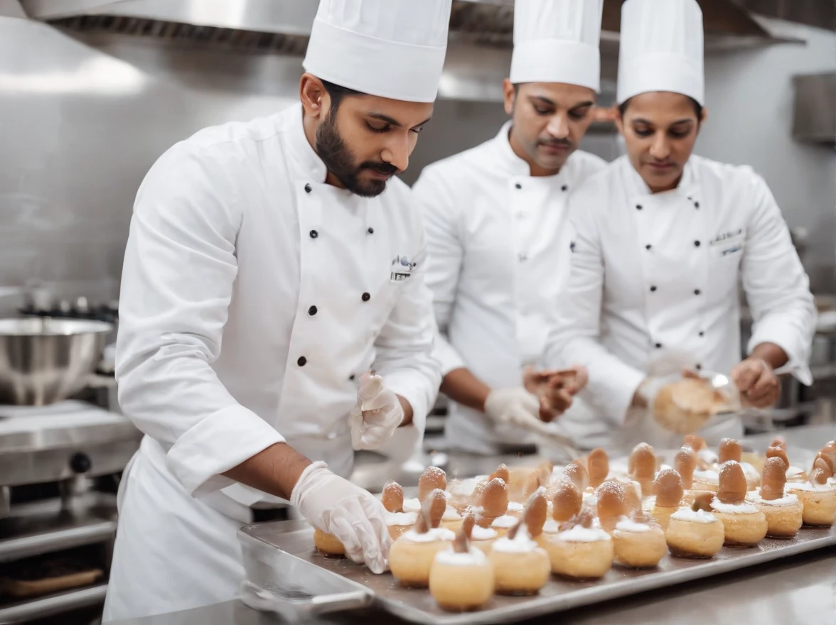 Indian chef team preparing desserts in commercial kitchen with stainless steel appliances, 5 chefs, wearing white chef hat, wearing hand gloves, competition winning, artistic poses, multiple chefs