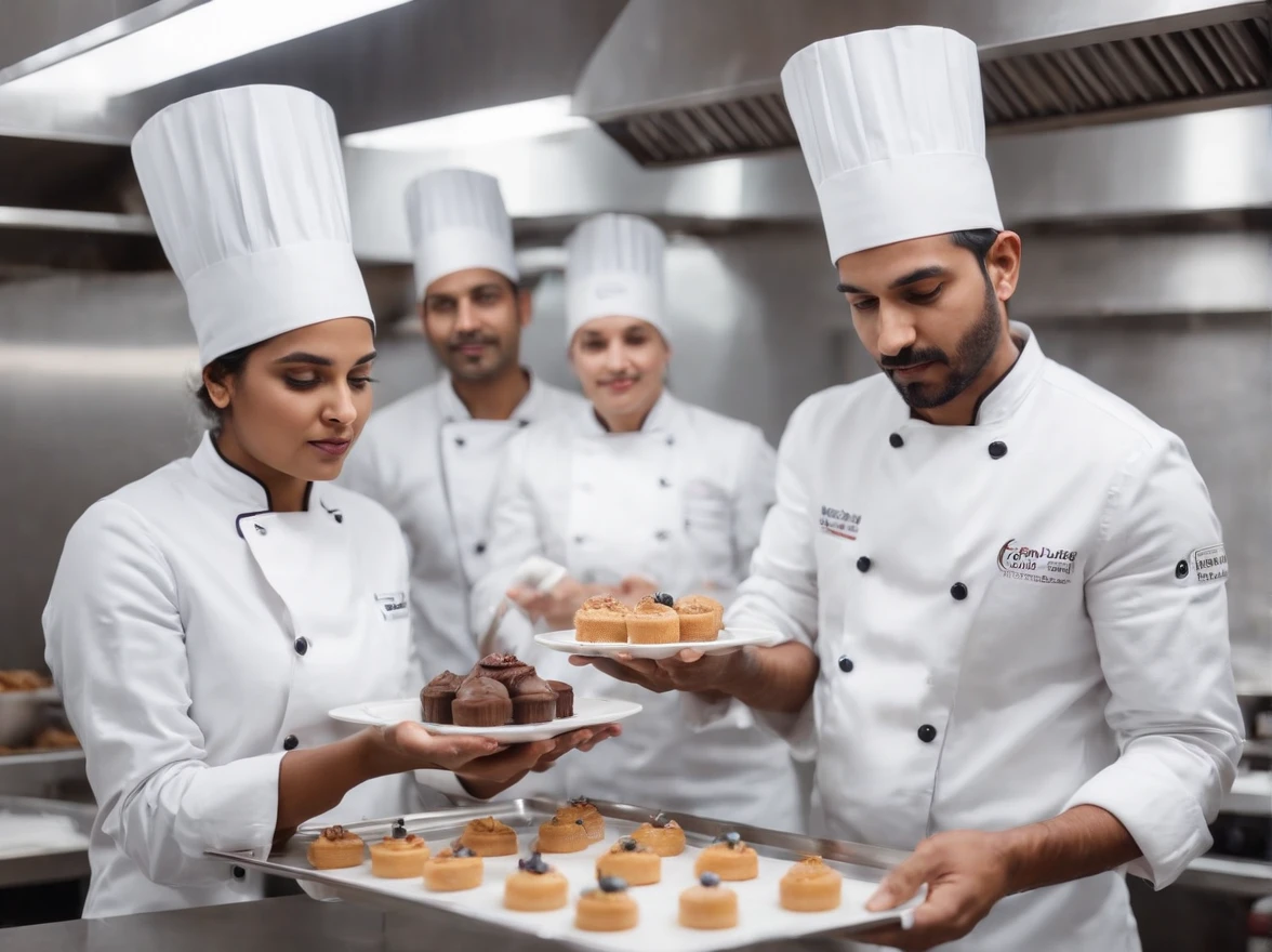 Indian chef team preparing desserts in commercial kitchen with stainless steel appliances, 5 chefs, wearing white chef hat, wearing hand gloves, competition winning, artistic poses, multiple chefs