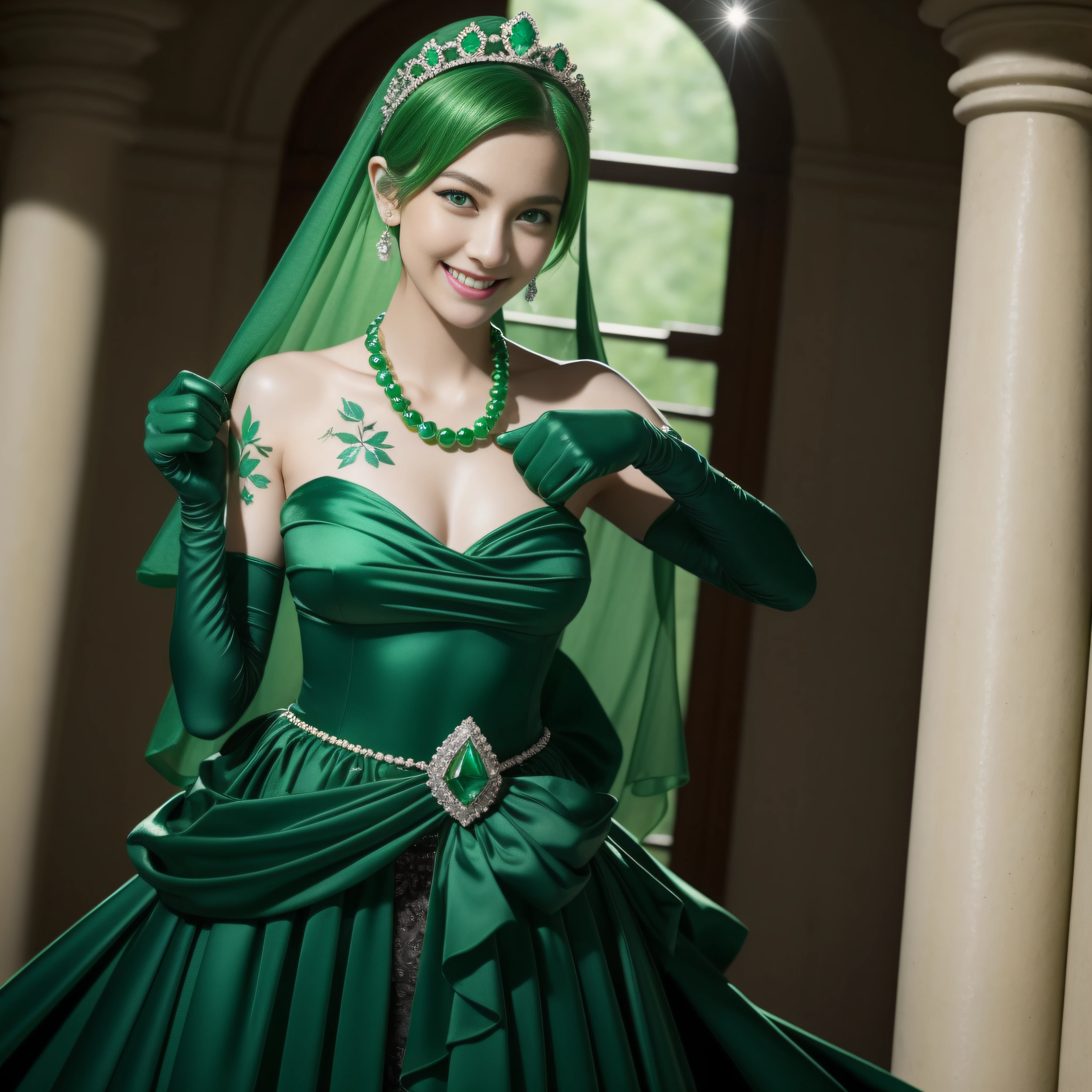 emerald tiara, Green Pearl Necklace, Boyish very short green hair, lipsticks, Japan woman smiling, very short short hair, fist, big breasts beautiful, Green eyes, Long green gloves made of satin material, Green eyes, Emerald Earrings, The tattoo, The tattoo