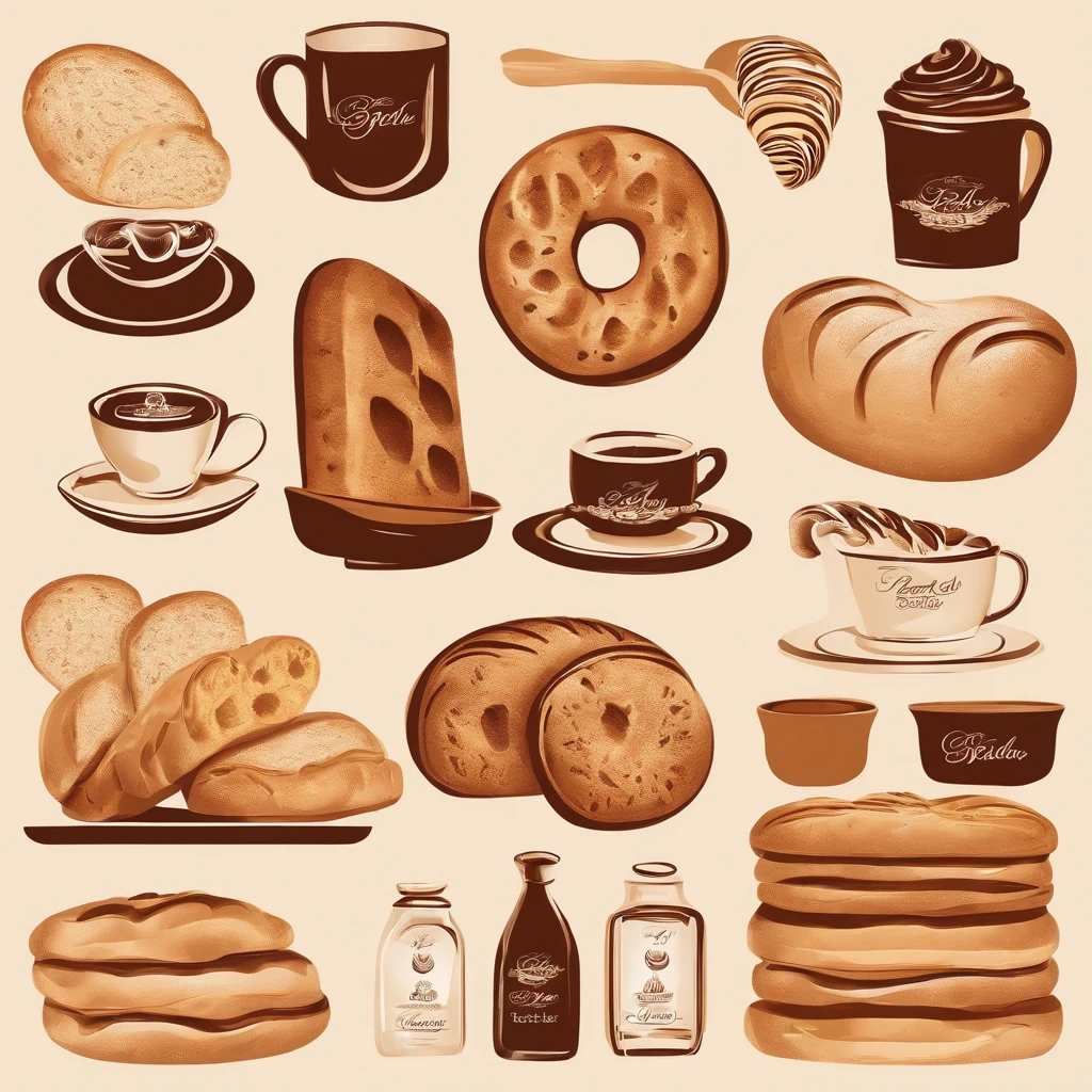 Private bakery logo, bread and rolls, A cup of coffee, vector minimalism