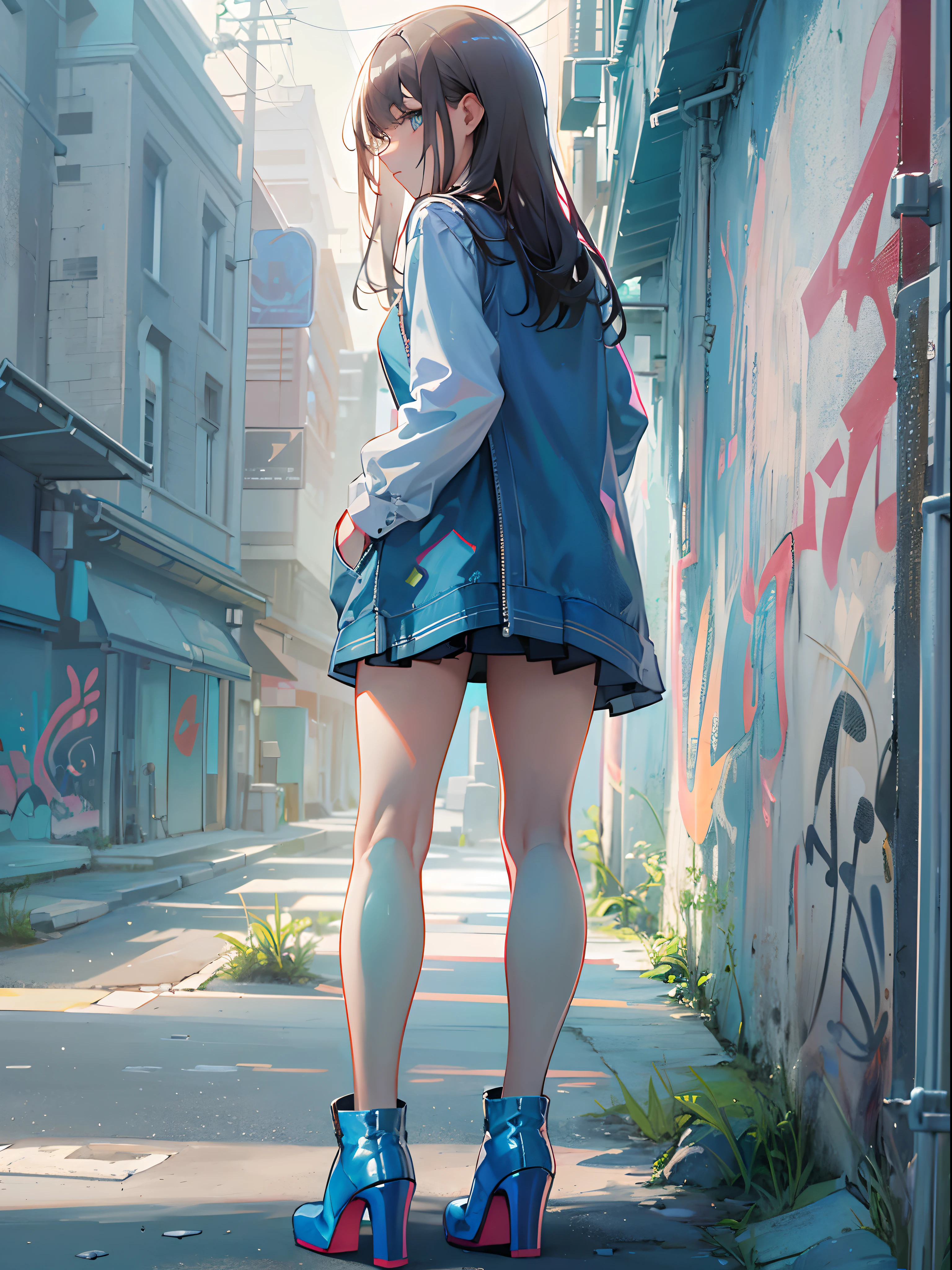 Best quality,Masterpiece, Only show legs,perfect female shape,soft lighting,good lighting,ray tracing,dynamic lighting, cinematic lighting,(facing the wall,Graffiti),blue miniskirt,Long legs:1.2,smooth legs,smooth thighs,Slender:1.2,beautiful legs:1.3,Thin legs,Thin thighs:1.2,squatting:1.1((,From behind:1.1)),dynamic posture,bottom camera:1.2,Blue-and-white-edged half-heeled boots,(masterpiece sidelighting),