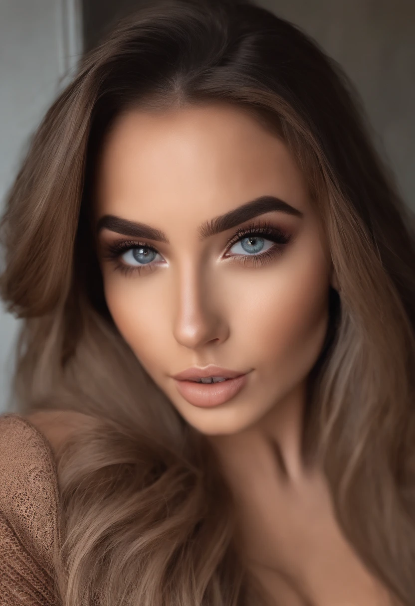 Arafed Mujer totalmente , Chica sexy con ojos marrones, French, ultra realista, meticulosamente detallado, Retrato Sophie Mudd, brown hair and large eyes, selfie de una mujer joven, Ojos de Dubai, Violeta Myers, sin maquillaje, Maquillaje natural, staring directly into camera, cara con artgram, maquillaje sutil, Impresionante foto de cuerpo completo arrodillado en la cama, En el dormitorio, Medium to large size bust