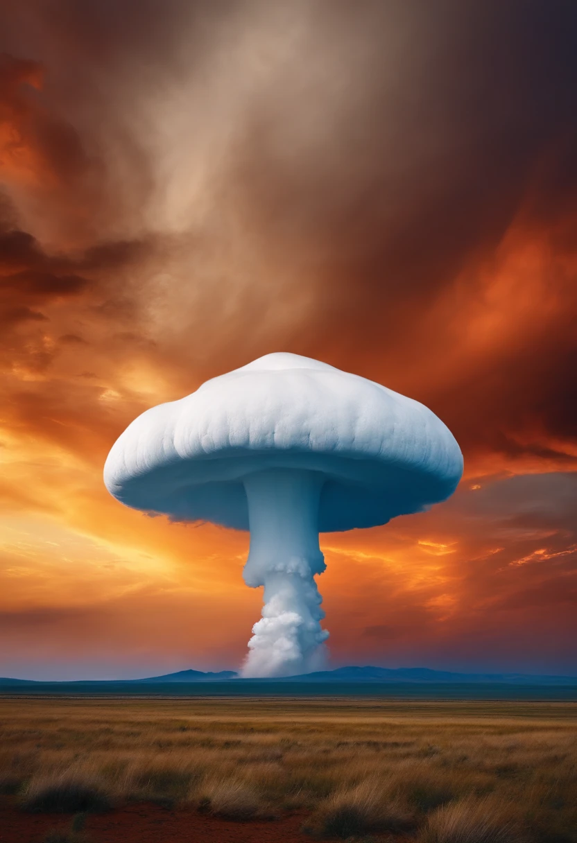 A huge white mushroom cloud on the steppe