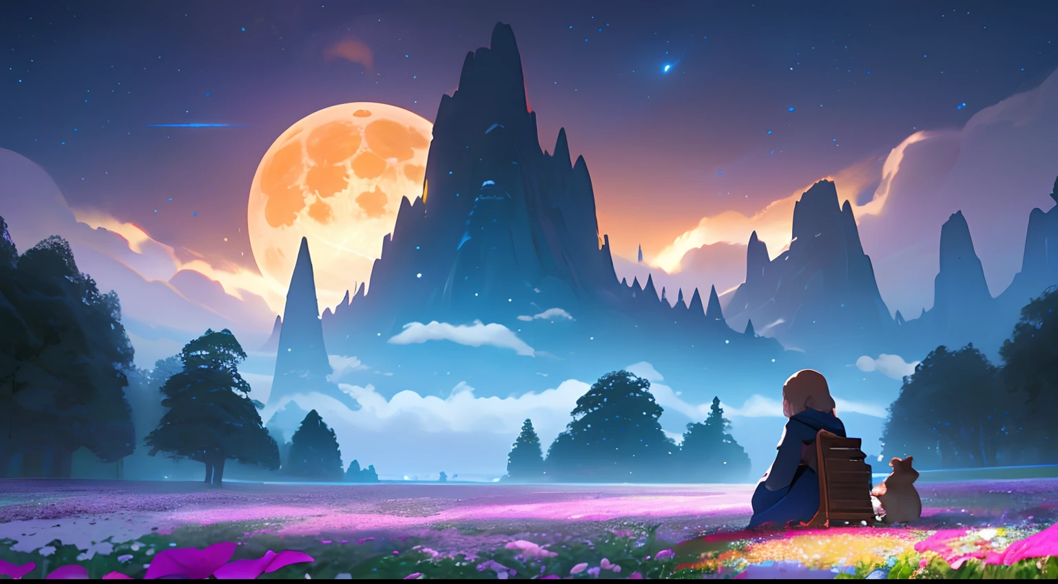 Landscape Photography(Seen from below、Sky above、Lower is the field)、Girl sitting in flower garden looks up(fullmoon:1.2)、(meteors:0.9)、(nebulas:1.3) )、mountain in the distance々、WOOD BREAK CRAFTING ART、(Warm light: 1.2)、(fireflys: 1.2)、A light、Lots of Purples and Oranges、intricate detailes、Volume Lighting BREAK (masterpiece: 1.2)、(top-quality)、4K、ultra-detailliert、(The composition of the movement: 1.4)、Rich in details and colors、(Irridescent color: 1.2)、(Glow、Atmospheric lighting)、Dreamy、Magical、(独奏: 1.2)、Sateen、Magnificent view、magnificient clouds