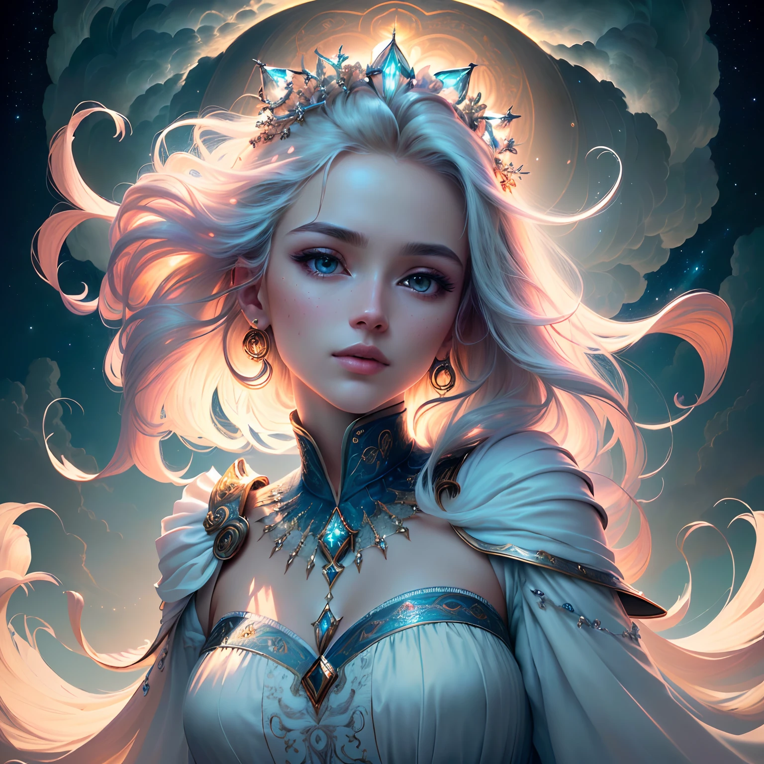 (A stunning masterpiece with God-like beauty), best quality, ultra-detailed CG unity 8k wallpaper, (striking facial features, detailed hair, and unique clothing), at a dynamic angle, surrounded by (majestic clouds or celestial elements), in (glorious or ethereal lighting), and framed by a (breath-taking background).